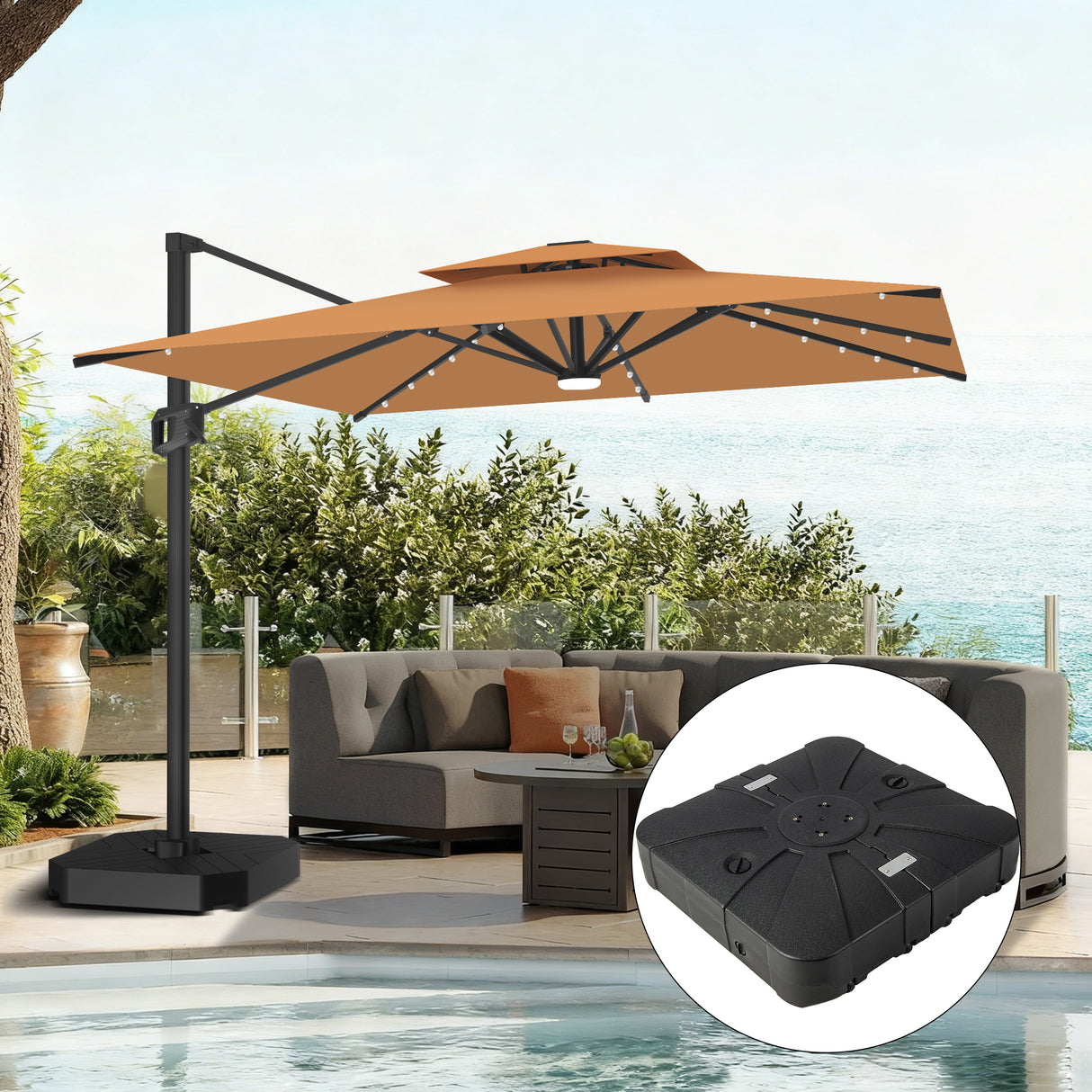 Patioslife Aegis Pro Cantilever Parasol met LED Verlichting, Versterkte Aluminium Ribben en Paal met Poedercoating — Perfect voor Tuin en Patio
