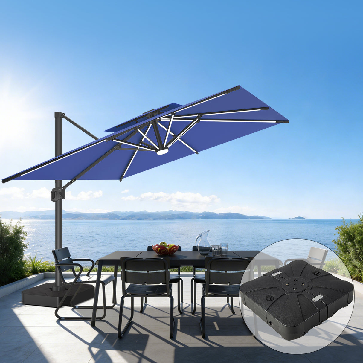 Patioslife Aegis Premium Zweefparasol – 360° Draaibaar met LED-Verlichting – Gepoedercoat Aluminium Frame – Glasvezel Baleinen – Tuin & Terras