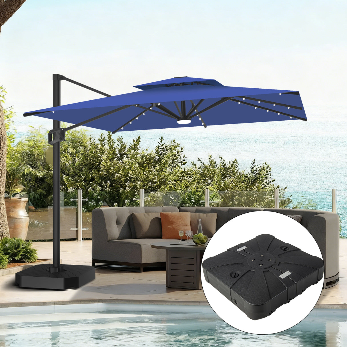 Patioslife Aegis Pro Cantilever Parasol met LED Verlichting, Versterkte Aluminium Ribben en Paal met Poedercoating — Perfect voor Tuin en Patio