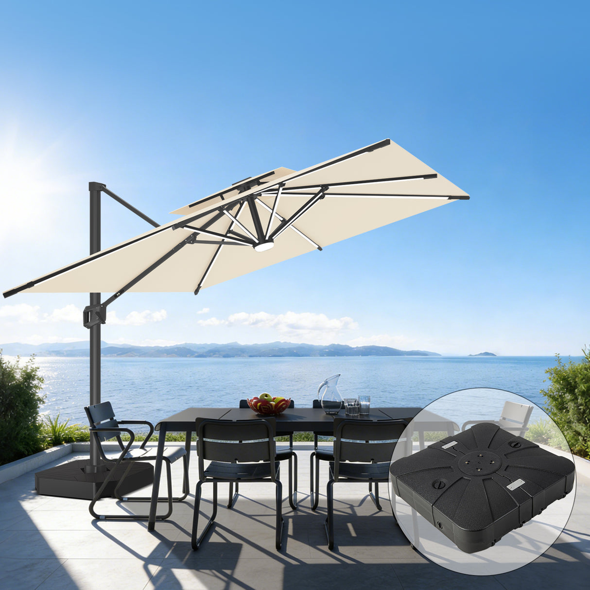 Patioslife Aegis Premium Zweefparasol – 360° Draaibaar met LED-Verlichting – Gepoedercoat Aluminium Frame – Glasvezel Baleinen – Tuin & Terras