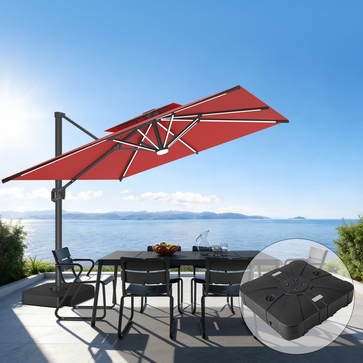 Patioslife Aegis Premium Zweefparasol – 360° Draaibaar met LED-Verlichting – Gepoedercoat Aluminium Frame – Glasvezel Baleinen – Tuin & Terras
