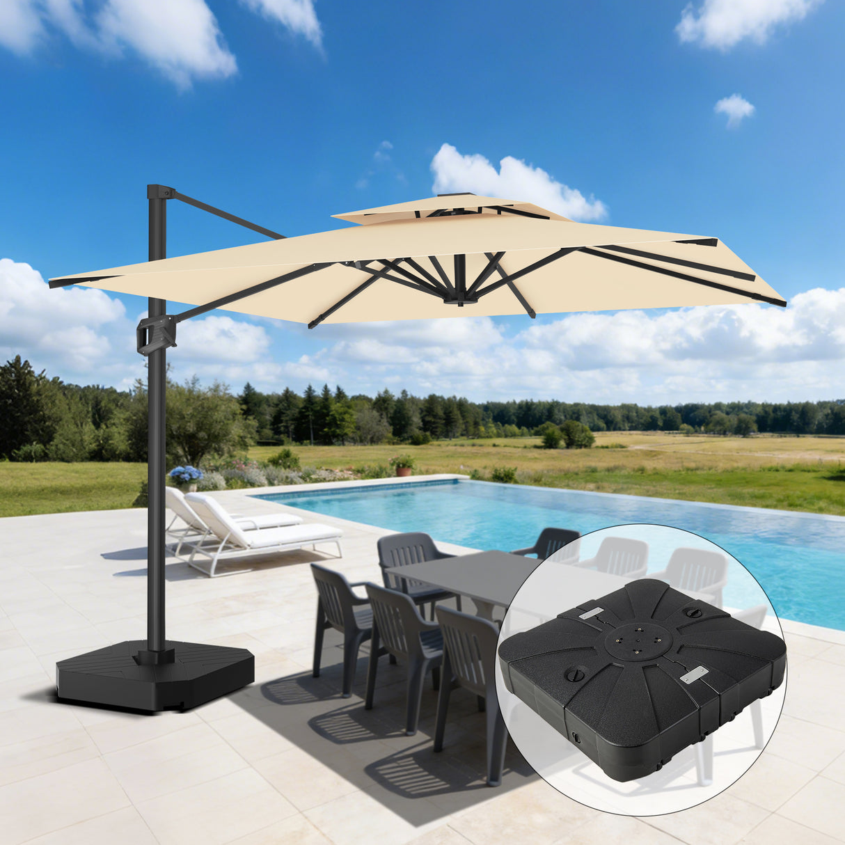 Patioslife Aegis Pro™ Cantilever Parasol met Kruisvoet — Robuust Frame en Poedergecoat Aluminium Paal voor Tuin en Terras