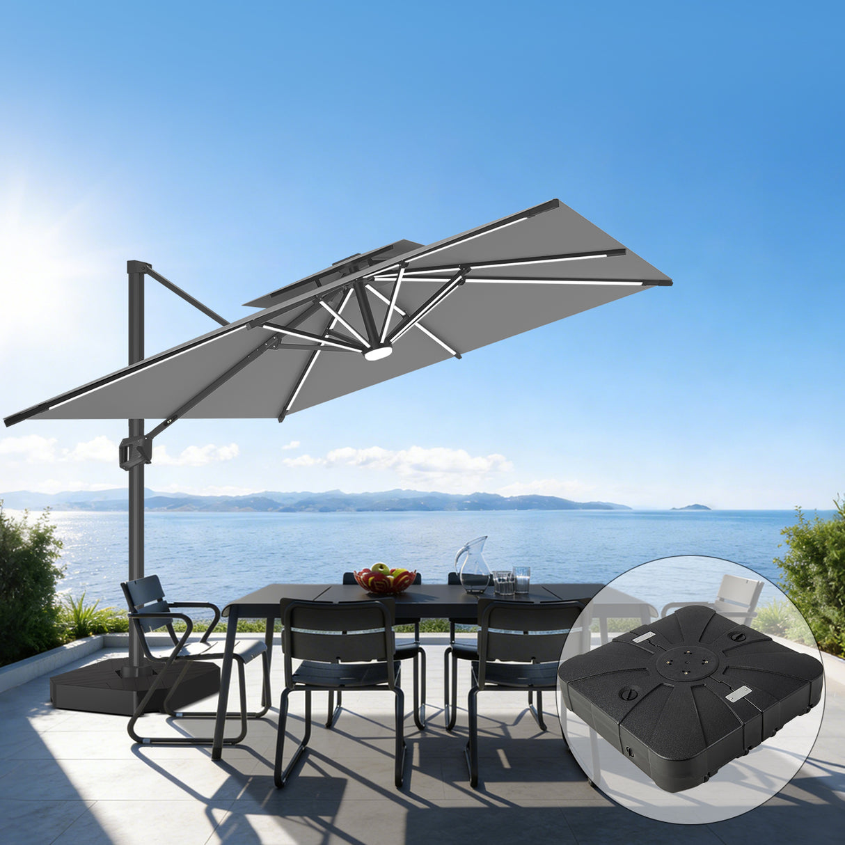 Patioslife Aegis Premium Zweefparasol – 360° Draaibaar met LED-Verlichting – Gepoedercoat Aluminium Frame – Glasvezel Baleinen – Tuin & Terras