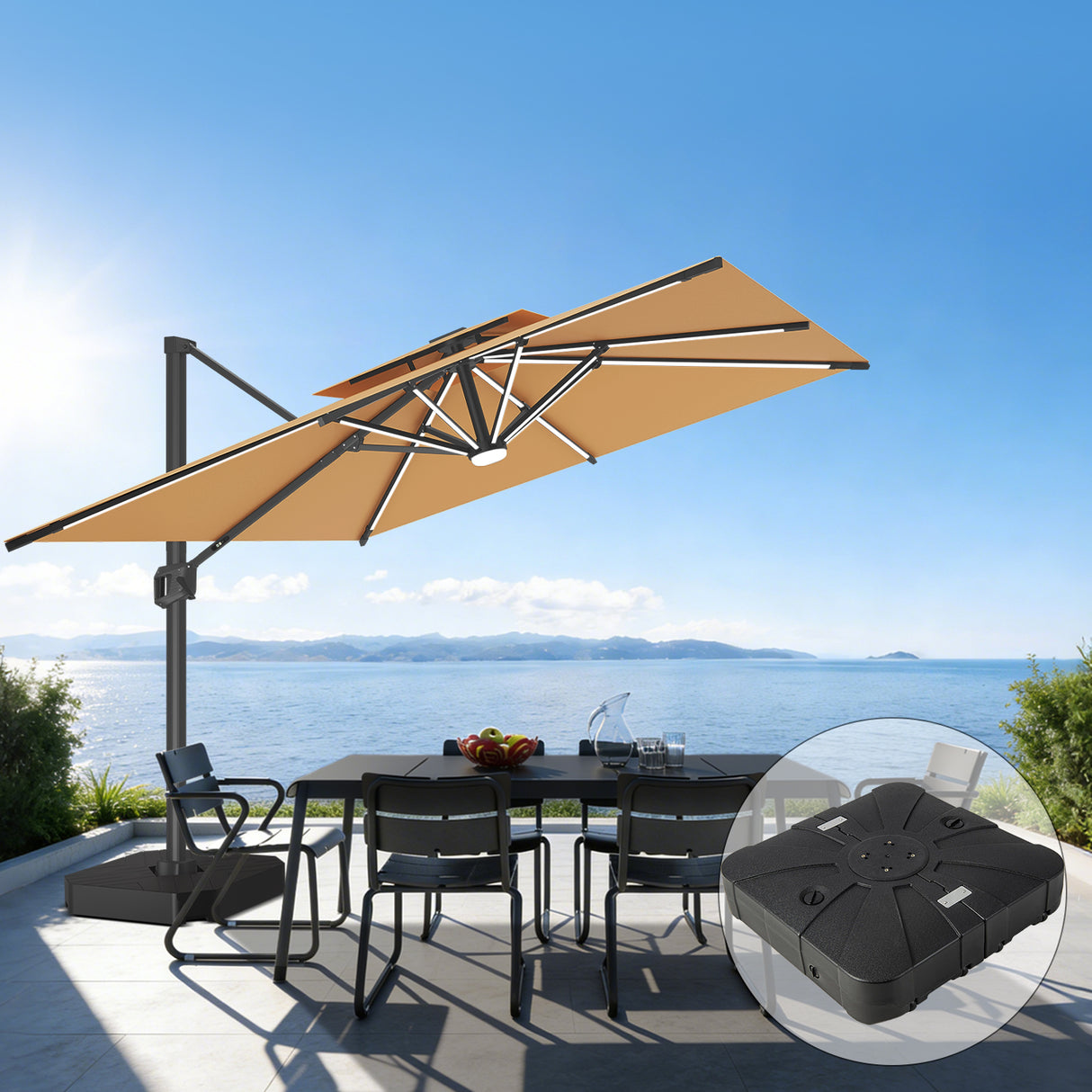 Patioslife Aegis Premium Zweefparasol – 360° Draaibaar met LED-Verlichting – Gepoedercoat Aluminium Frame – Glasvezel Baleinen – Tuin & Terras