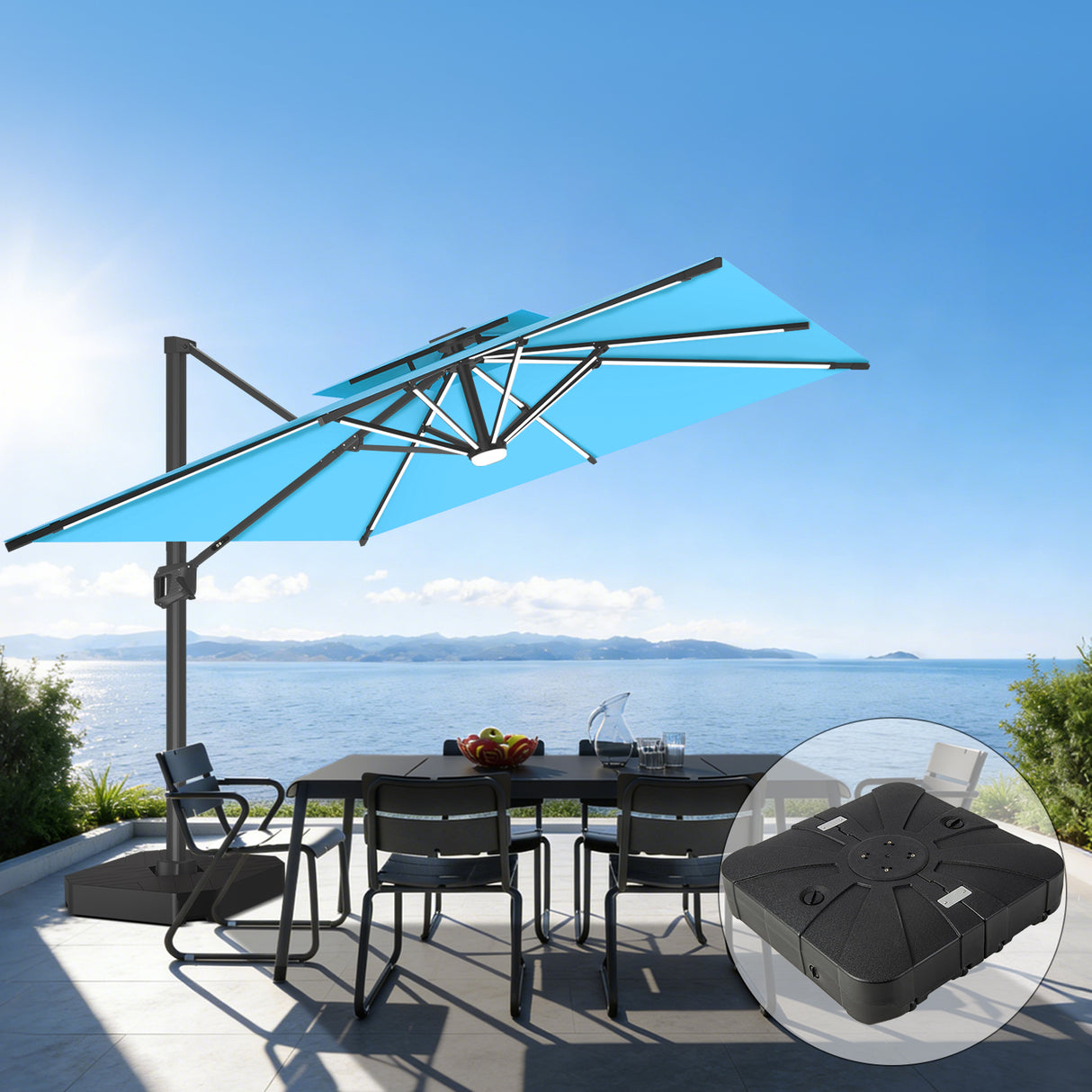 Patioslife Aegis Premium Zweefparasol – 360° Draaibaar met LED-Verlichting – Gepoedercoat Aluminium Frame – Glasvezel Baleinen – Tuin & Terras