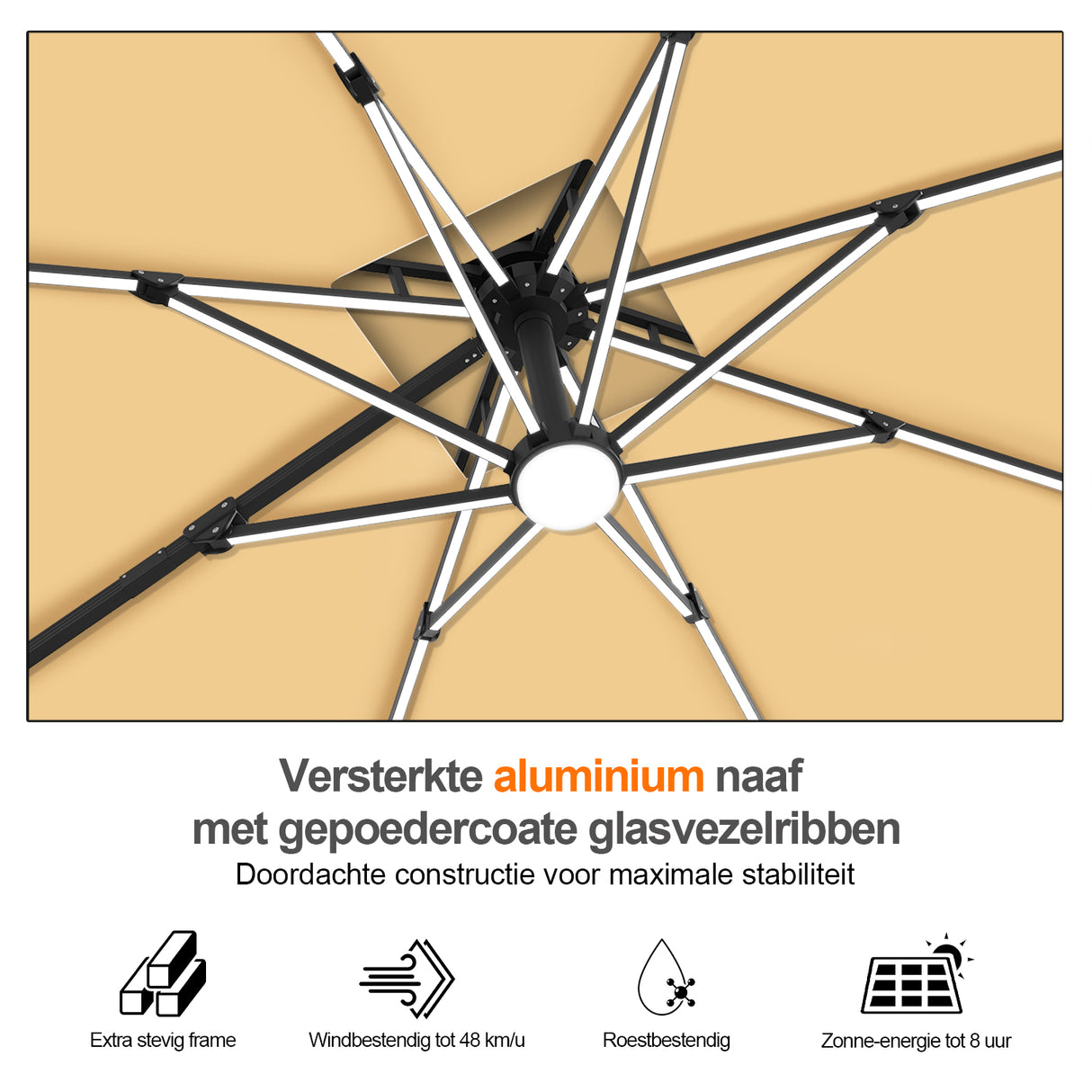 Patioslife Aegis Premium Zweefparasol – 360° Draaibaar met LED-Verlichting – Gepoedercoat Aluminium Frame – Glasvezel Baleinen – Tuin & Terras