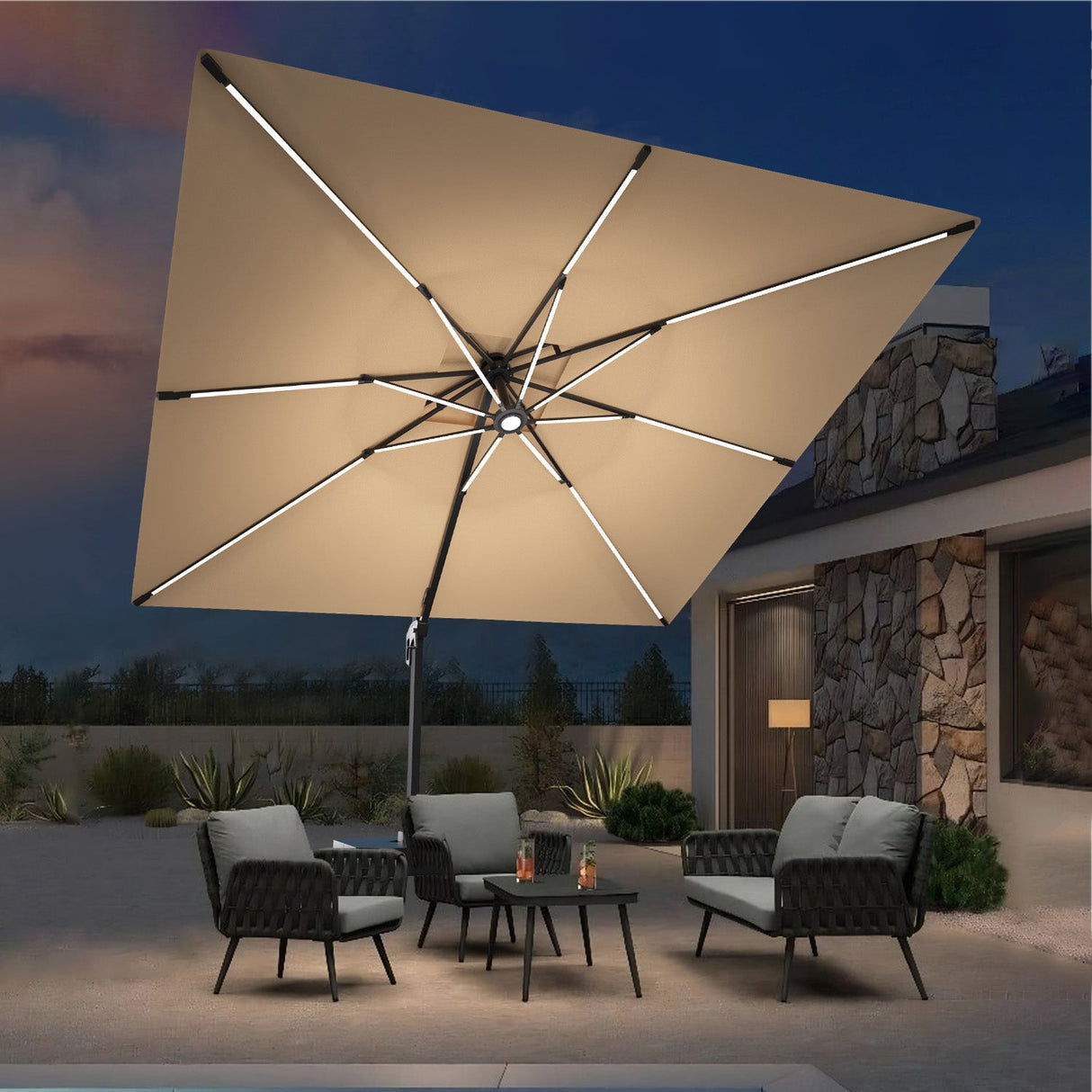 Patioslife Aegis Premium Zweefparasol – 360° Draaibaar met LED-Verlichting – Gepoedercoat Aluminium Frame – Glasvezel Baleinen – Tuin & Terras