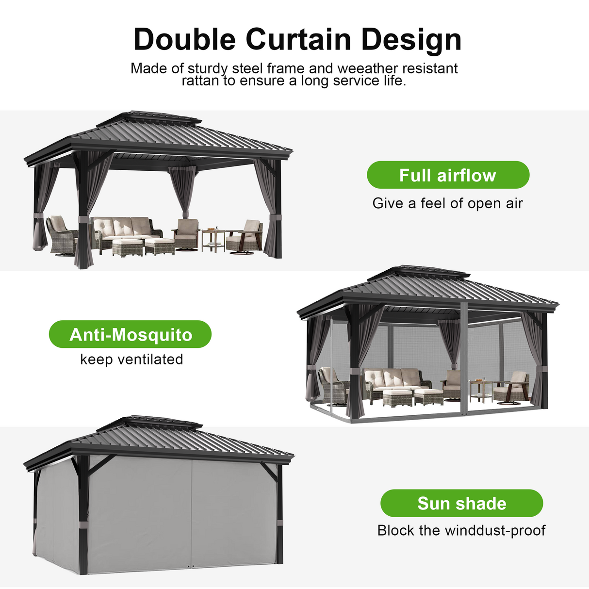 Patioslife Luxury Haven Hardtop Pergola met Afvoergoten, 120×120 mm Aluminium Palen, Dubbel Geventileerd Dak en Gordijnen | Populairste Keuze voor Tuin of Achtertuin