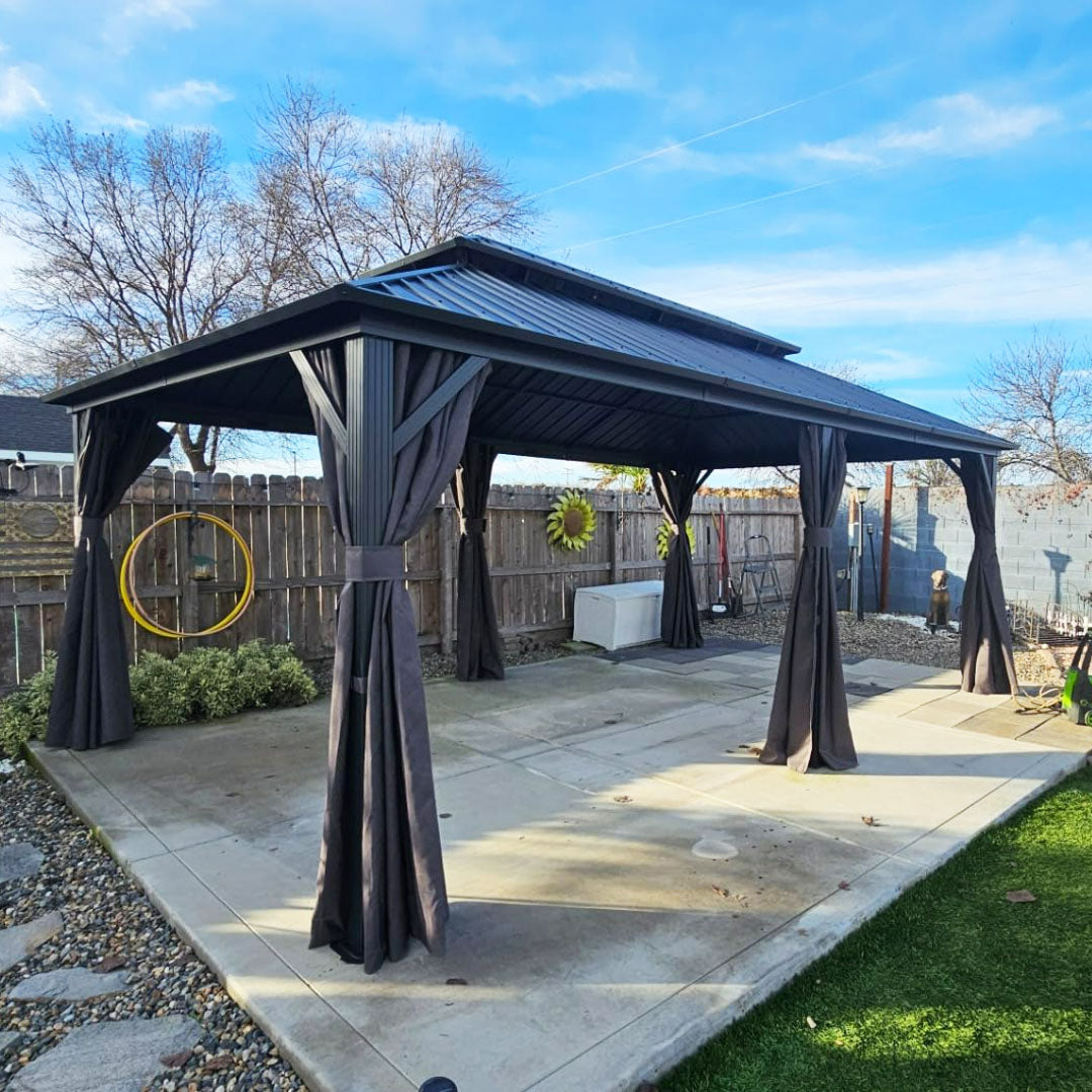 Patioslife Haven,Gazebo,Hardtop,Aluminum Frame,Ventilated Roof,Curtains,Brown Finish,Outdoor Shelter,Backyard Pergola,Garden Pavilion,Outdoor Entertaining,Weatherproof,Sunshade & Rain Protection,Modern Outdoor Furniture,Luxury Patio Structure,Contemporary Design,Premium Outdoor Living