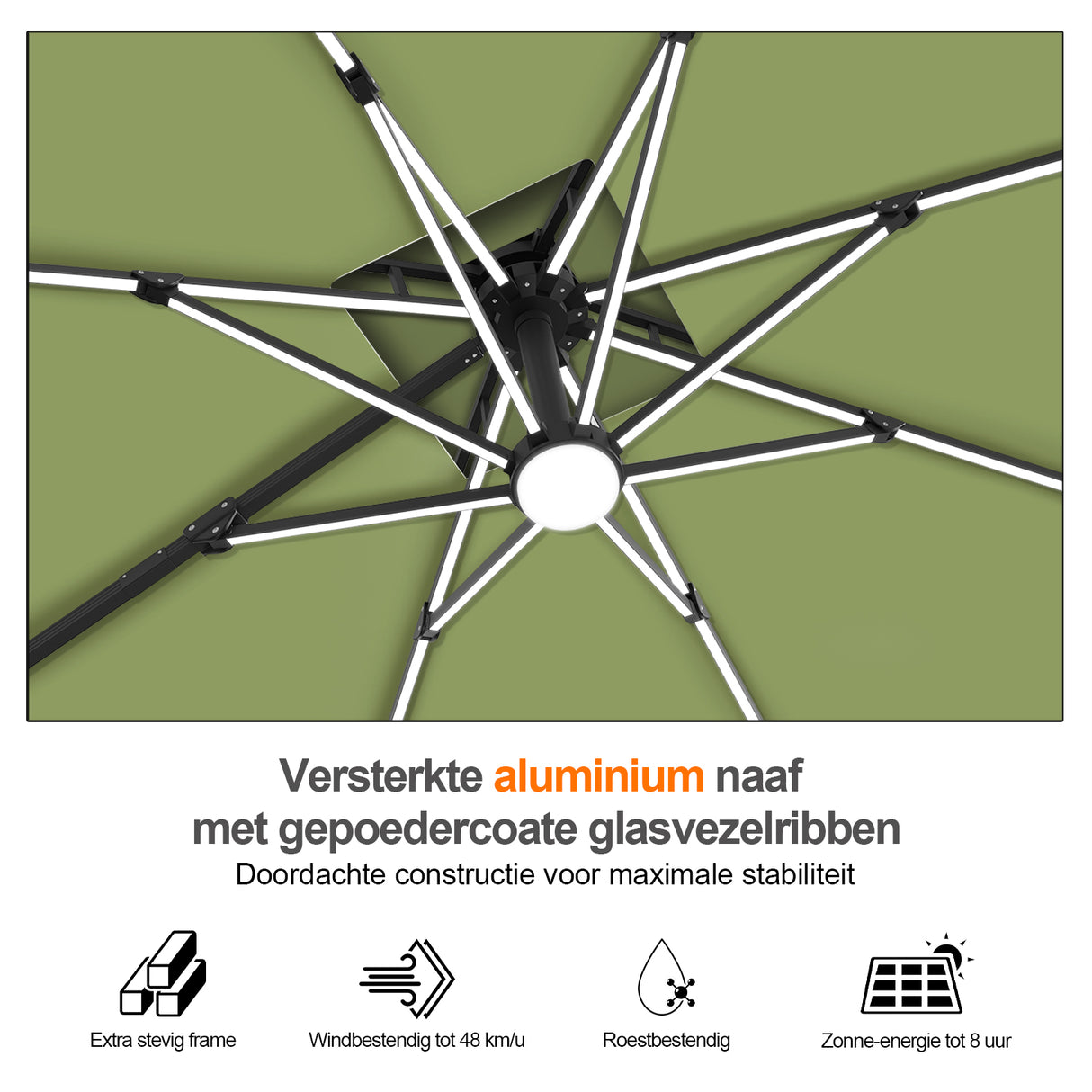 Patioslife Aegis Premium Zweefparasol – 360° Draaibaar met LED-Verlichting – Gepoedercoat Aluminium Frame – Glasvezel Baleinen – Tuin & Terras
