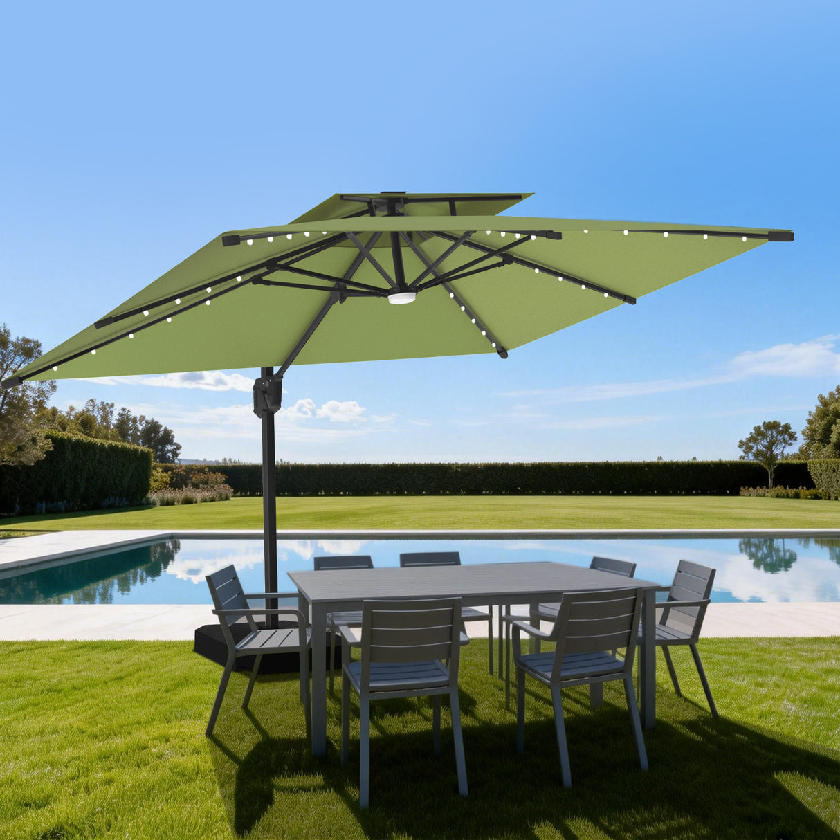 Patioslife Aegis Pro Cantilever Parasol met LED Verlichting, Versterkte Aluminium Ribben en Paal met Poedercoating — Perfect voor Tuin en Patio