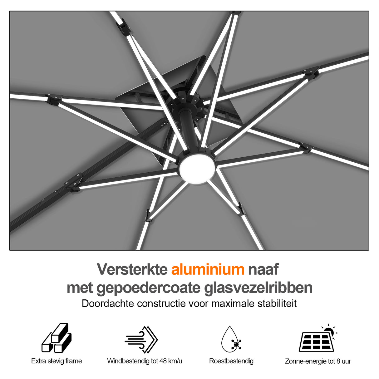 Patioslife Aegis Premium Zweefparasol – 360° Draaibaar met LED-Verlichting – Gepoedercoat Aluminium Frame – Glasvezel Baleinen – Tuin & Terras