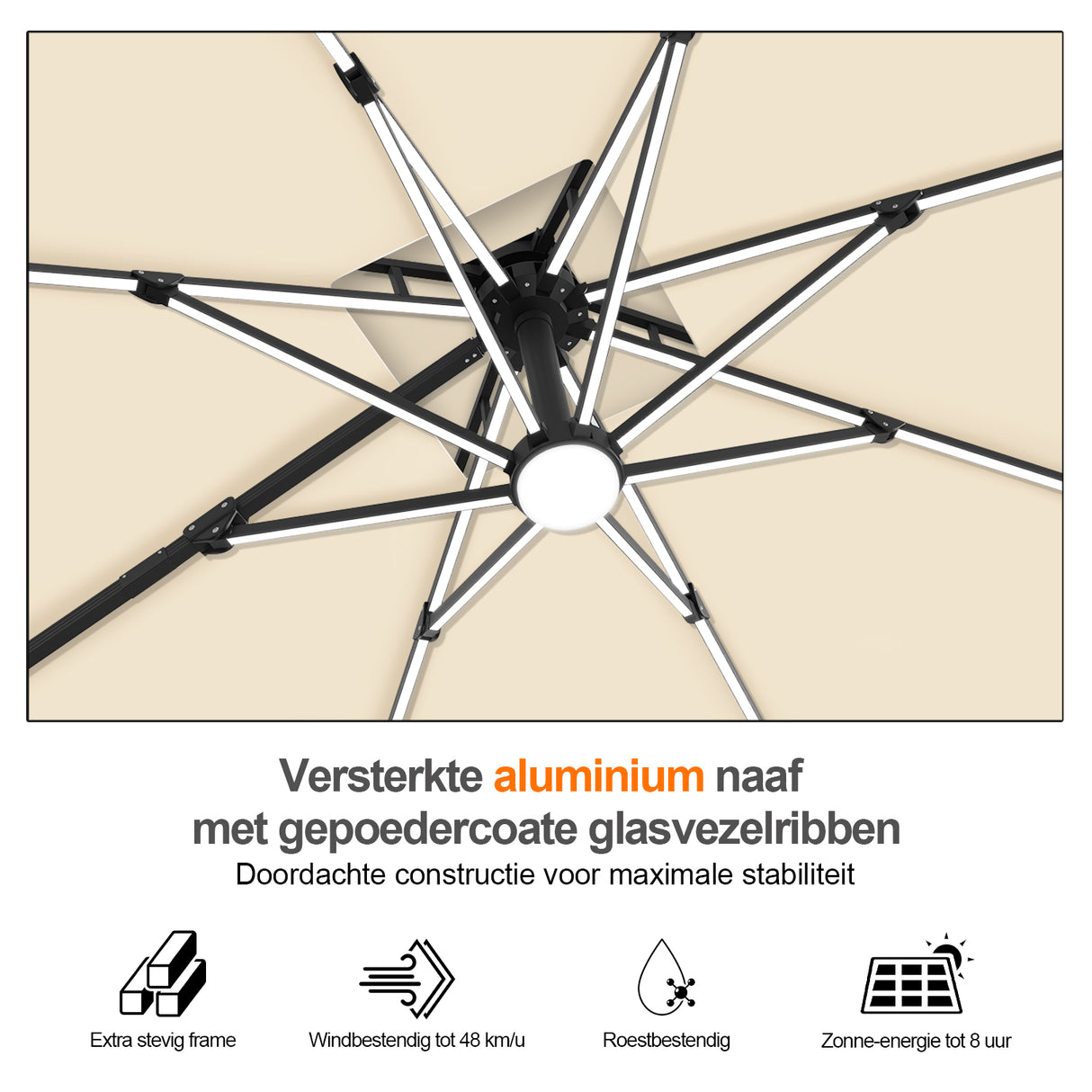 Patioslife Aegis Premium Zweefparasol – 360° Draaibaar met LED-Verlichting – Gepoedercoat Aluminium Frame – Glasvezel Baleinen – Tuin & Terras