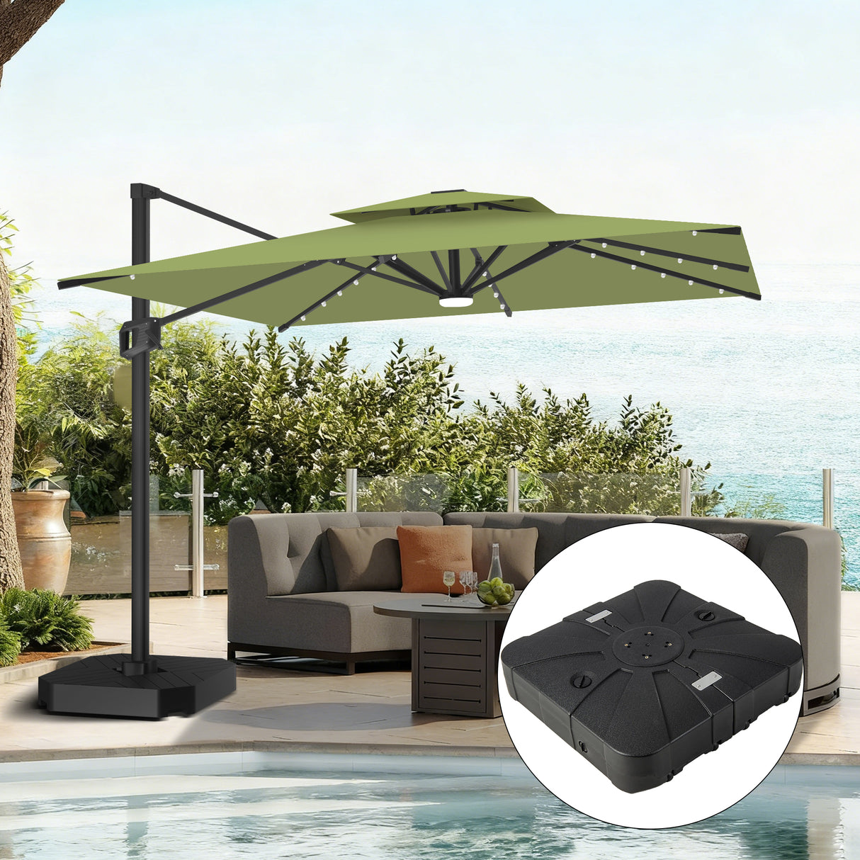 Patioslife Aegis Pro Cantilever Parasol met LED Verlichting, Versterkte Aluminium Ribben en Paal met Poedercoating — Perfect voor Tuin en Patio