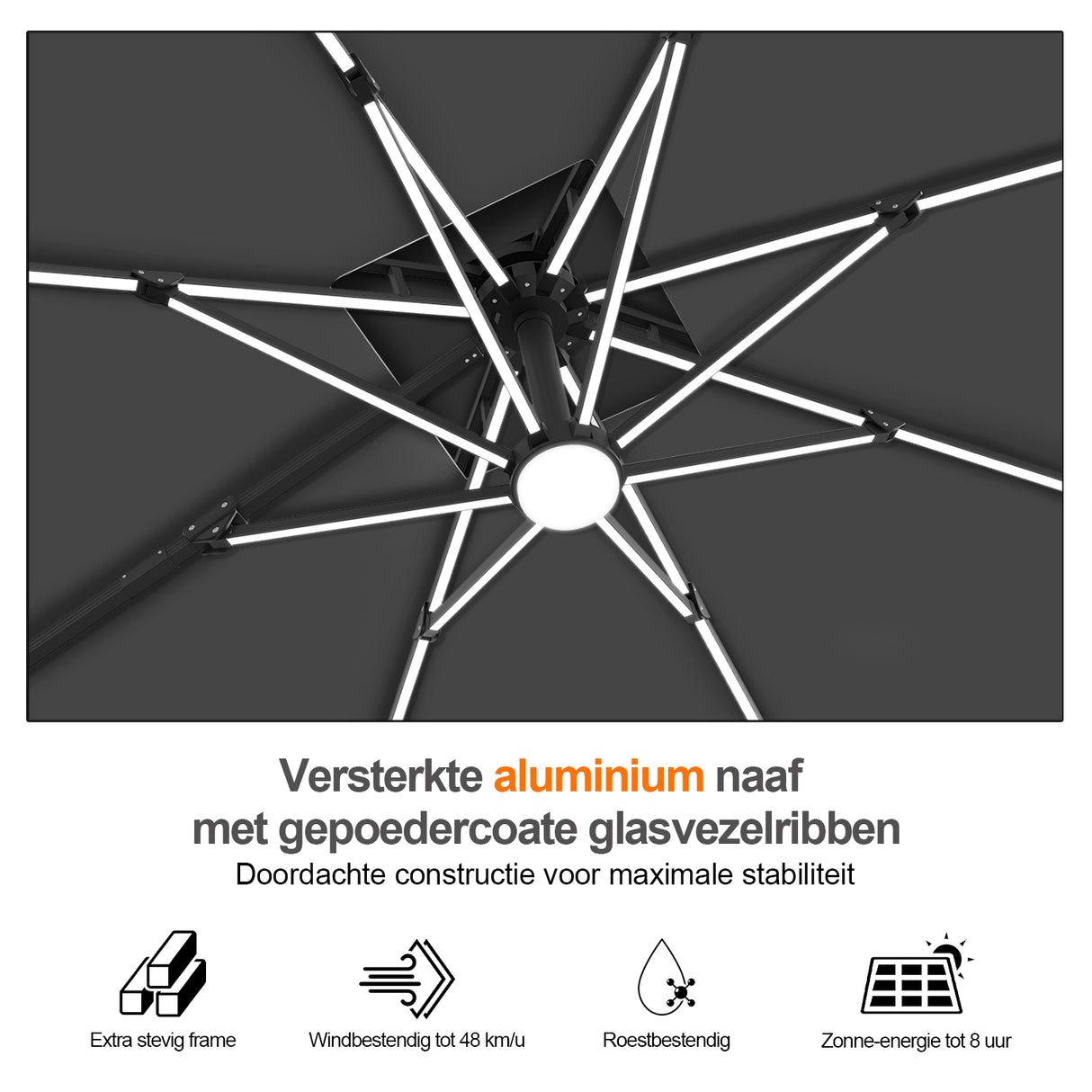 Patioslife Aegis Premium Zweefparasol – 360° Draaibaar met LED-Verlichting – Gepoedercoat Aluminium Frame – Glasvezel Baleinen – Tuin & Terras