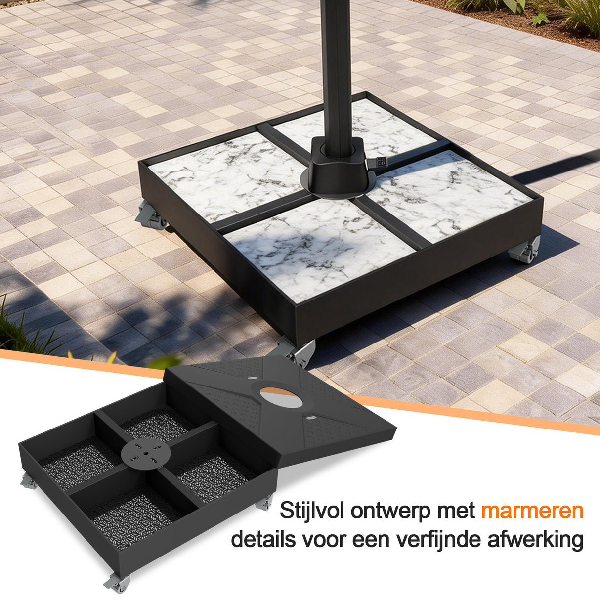 Patioslife robuuste cantilever parasolvoet met wielen, tot 400 kg draagvermogen, decoratieve rolstandaard, compatibel met de Aegis-serie en de meeste offset parasols, voor gebruik op het terras, in de tuin, op het gazon en bij het zwembad.