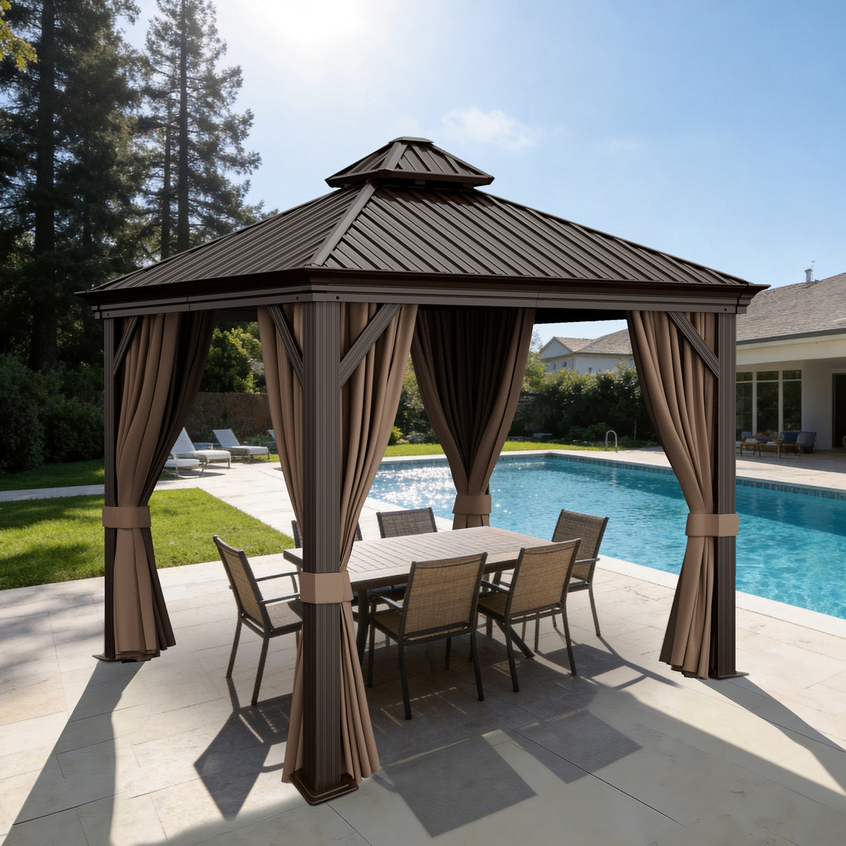 Patioslife Luxury Haven - Hardtop Prieel met Stijlvolle Houtlook - Geïntegreerde Waterafvoer - 5 Jaar Frame Garantie - Weersbestendig