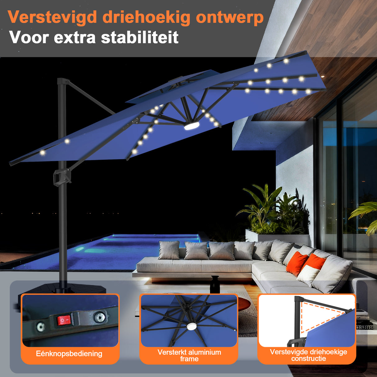 Patioslife Aegis Pro Cantilever Parasol met LED Verlichting, Versterkte Aluminium Ribben en Paal met Poedercoating — Perfect voor Tuin en Patio
