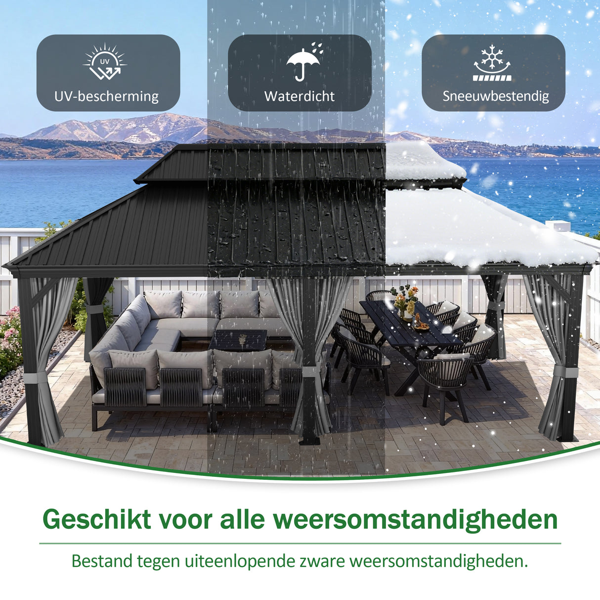 Patioslife Luxury Haven Hardtop Pergola met Afvoergoten, 120×120 mm Aluminium Palen, Dubbel Geventileerd Dak en Gordijnen | Populairste Keuze voor Tuin of Achtertuin