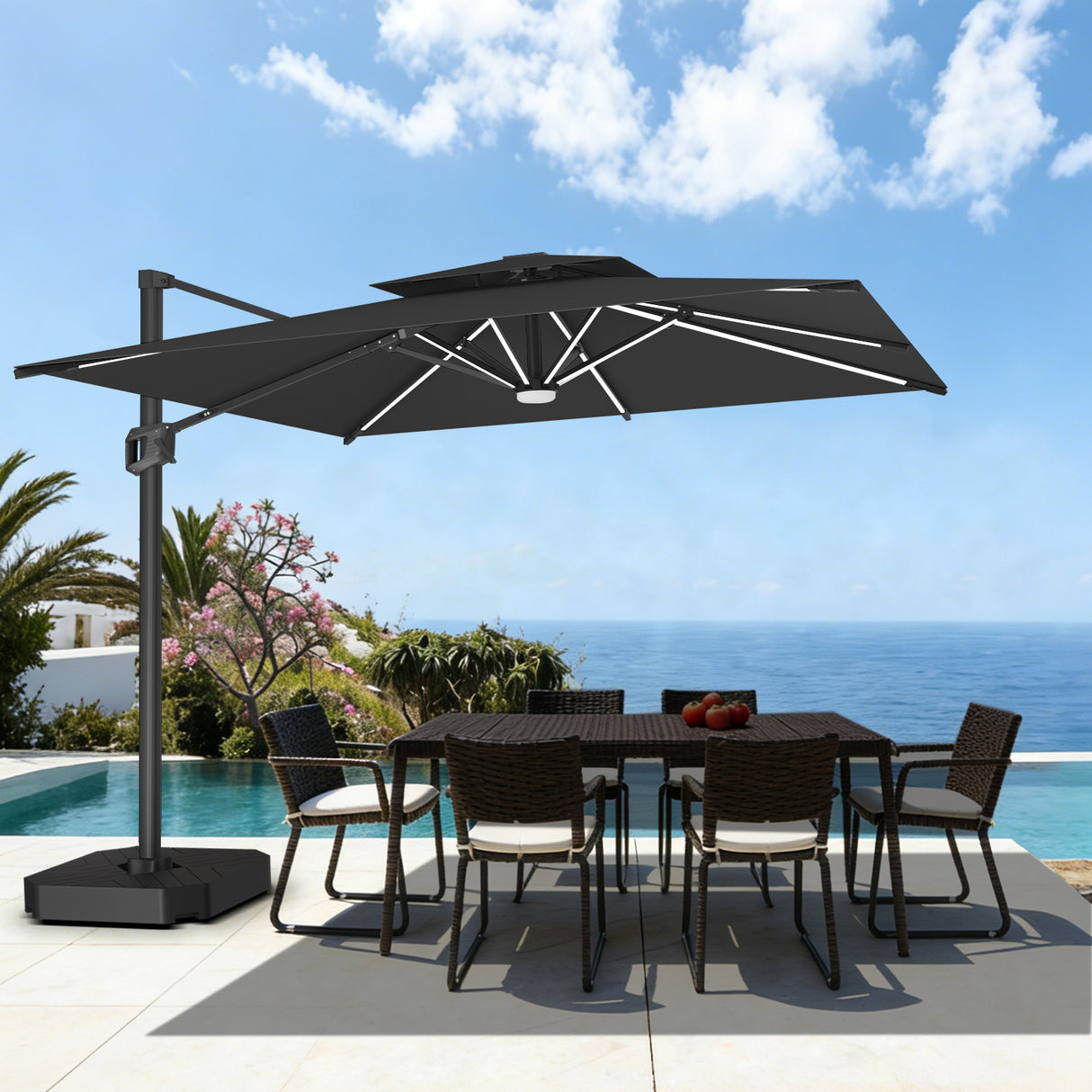 Patioslife Aegis Premium Zweefparasol – 360° Draaibaar met LED-Verlichting – Gepoedercoat Aluminium Frame – Glasvezel Baleinen – Tuin & Terras