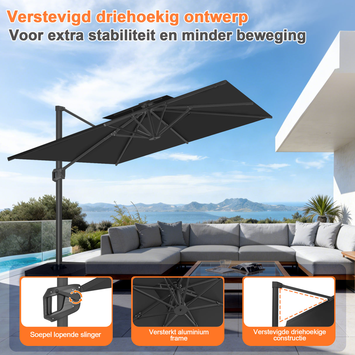 Patioslife Aegis Pro™ Cantilever Parasol met Kruisvoet — Robuust Frame en Poedergecoat Aluminium Paal voor Tuin en Terras