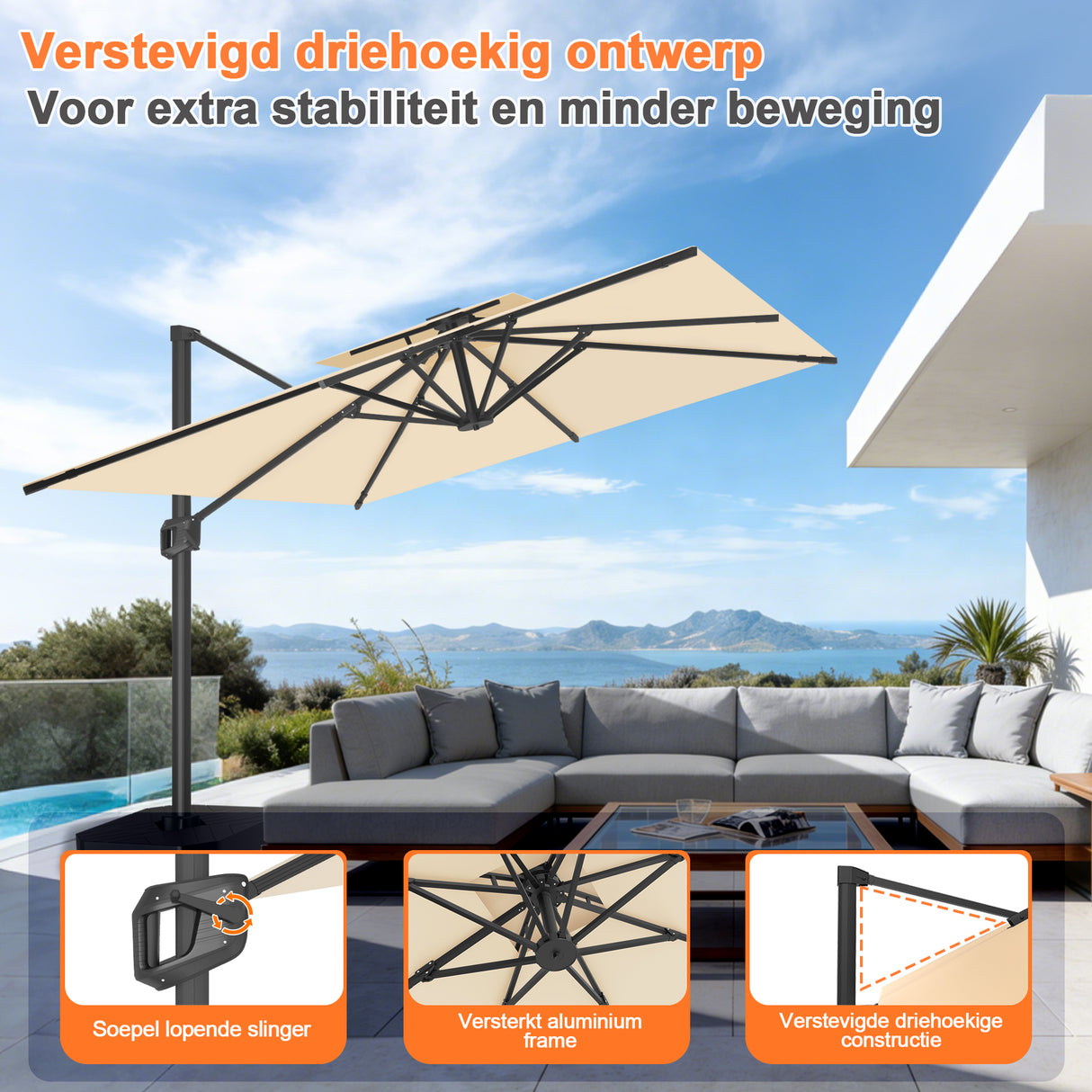 Patioslife Aegis Pro™ Cantilever Parasol met Kruisvoet — Robuust Frame en Poedergecoat Aluminium Paal voor Tuin en Terras