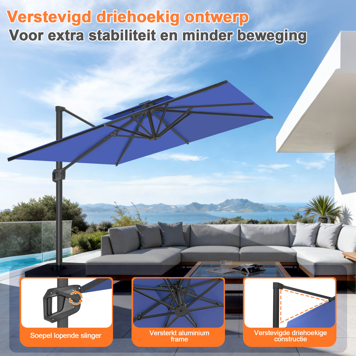 Patioslife Aegis Pro™ Cantilever Parasol met Kruisvoet — Robuust Frame en Poedergecoat Aluminium Paal voor Tuin en Terras