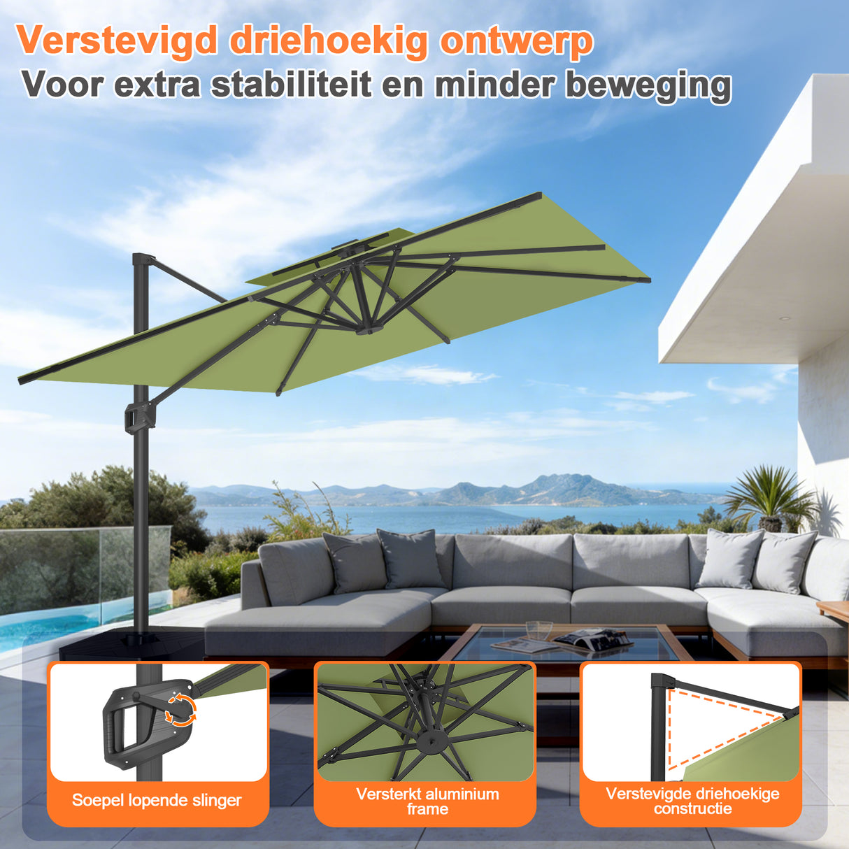 Patioslife Aegis Pro™ Cantilever Parasol met Kruisvoet — Robuust Frame en Poedergecoat Aluminium Paal voor Tuin en Terras