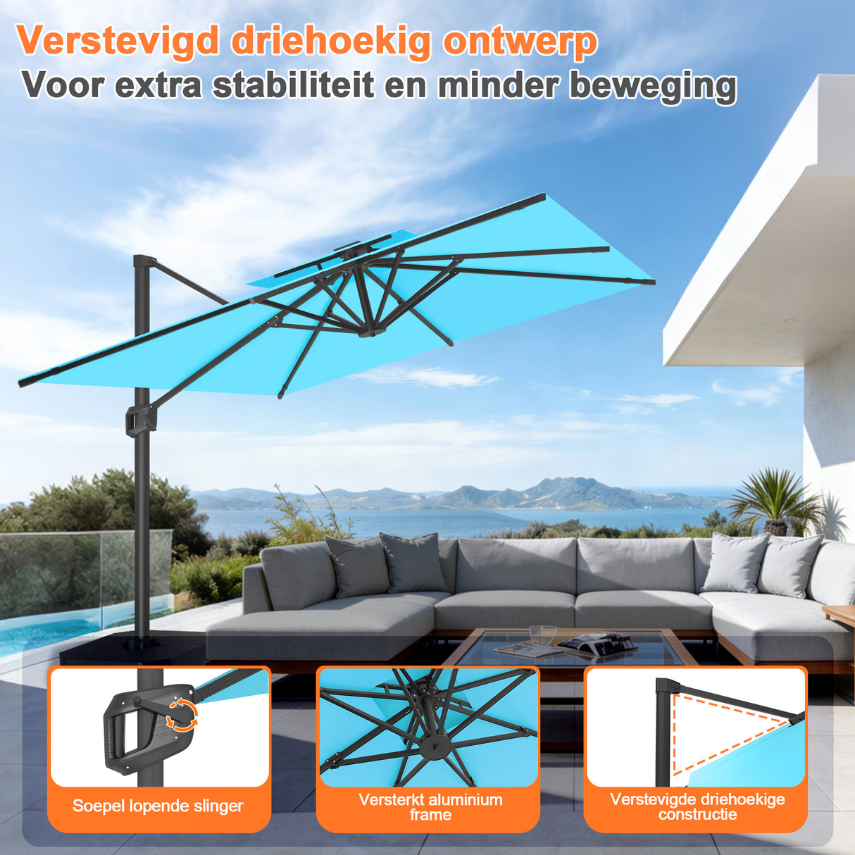 Patioslife Aegis Pro™ Cantilever Parasol met Kruisvoet — Robuust Frame en Poedergecoat Aluminium Paal voor Tuin en Terras