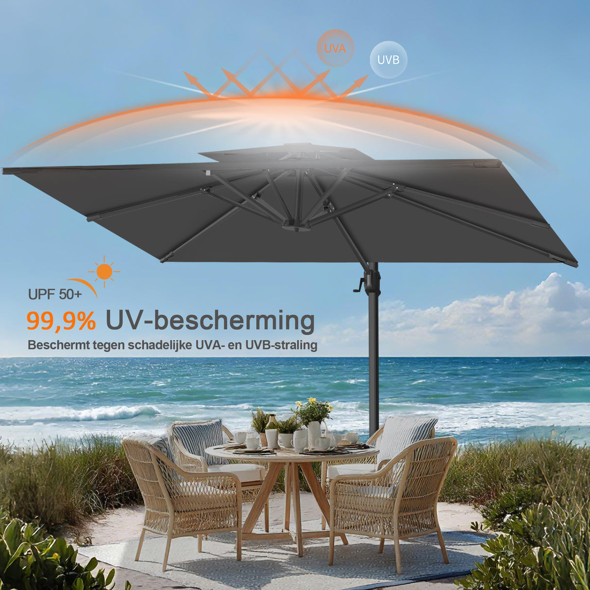 Patioslife Aegis Pro™ Cantilever Parasol met Kruisvoet — Robuust Frame en Poedergecoat Aluminium Paal voor Tuin en Terras