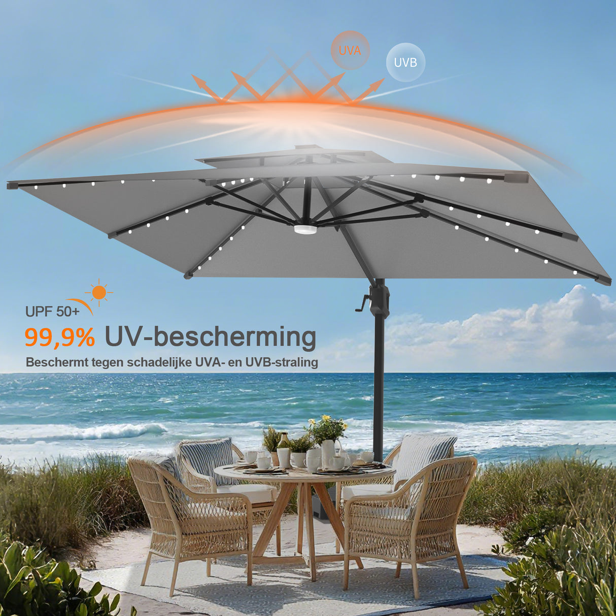 Patioslife Aegis Pro Cantilever Parasol met LED Verlichting, Versterkte Aluminium Ribben en Paal met Poedercoating — Perfect voor Tuin en Patio