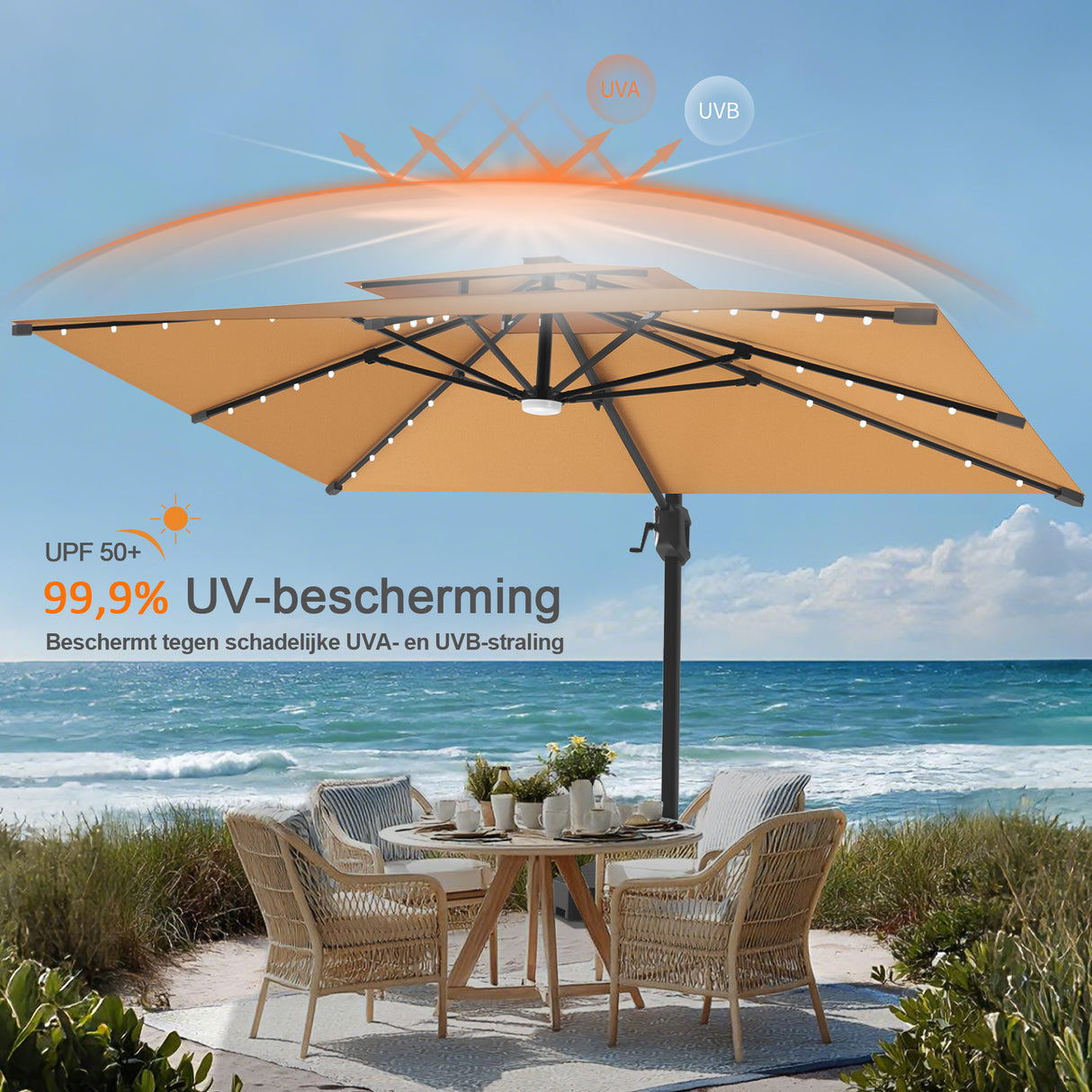 Patioslife Aegis Pro Cantilever Parasol met LED Verlichting, Versterkte Aluminium Ribben en Paal met Poedercoating — Perfect voor Tuin en Patio