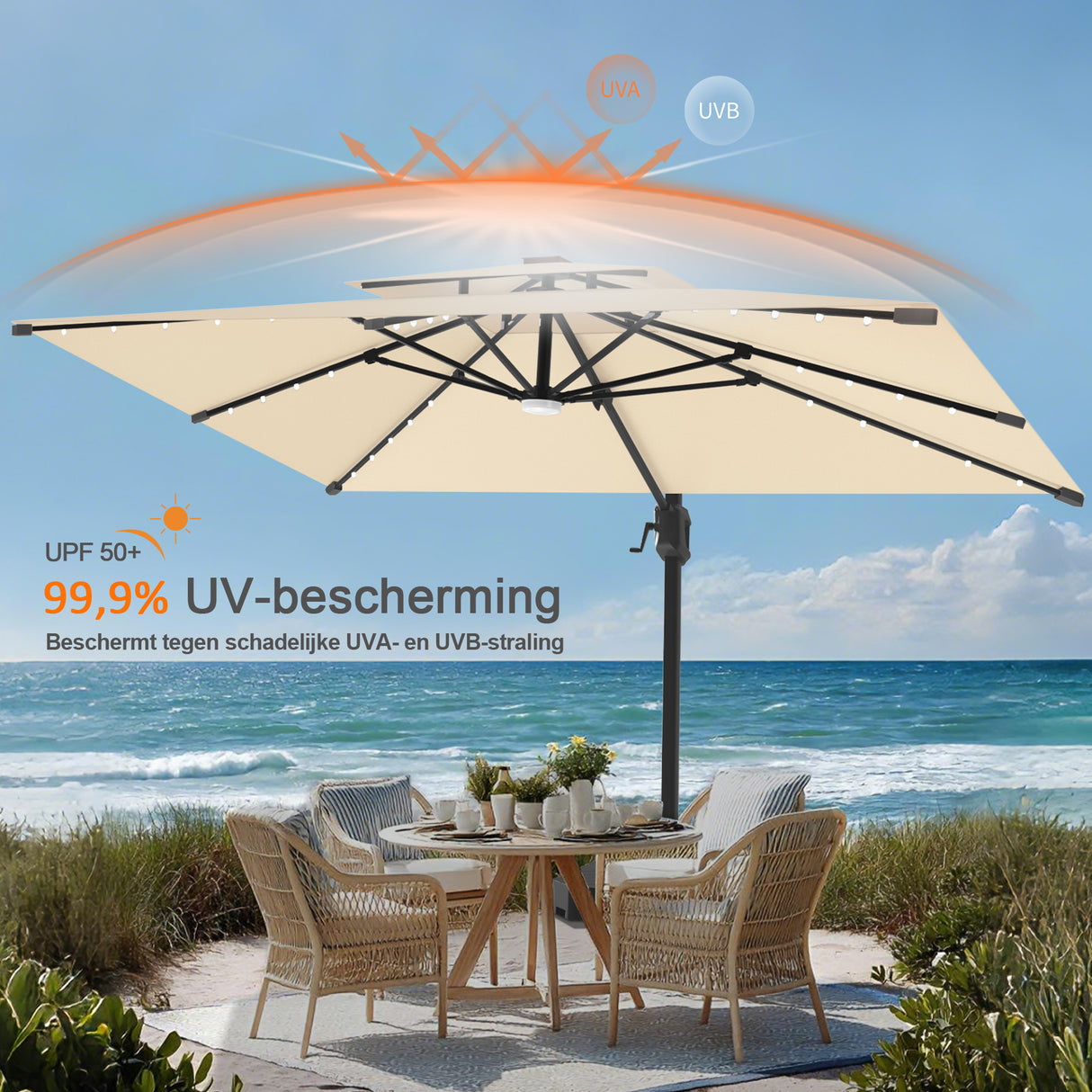 Patioslife Aegis Pro Cantilever Parasol met LED Verlichting, Versterkte Aluminium Ribben en Paal met Poedercoating — Perfect voor Tuin en Patio