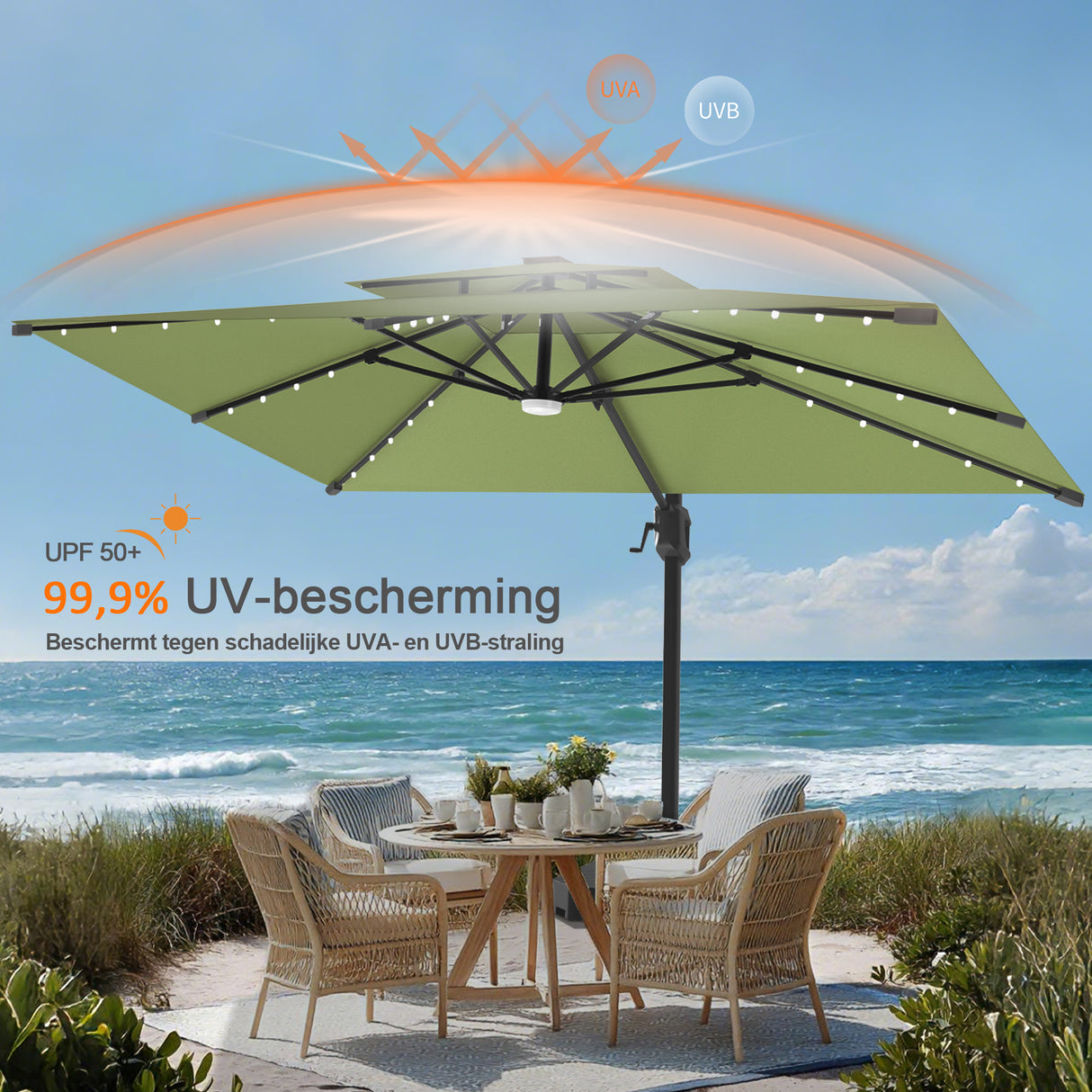 Patioslife Aegis Pro Cantilever Parasol met LED Verlichting, Versterkte Aluminium Ribben en Paal met Poedercoating — Perfect voor Tuin en Patio