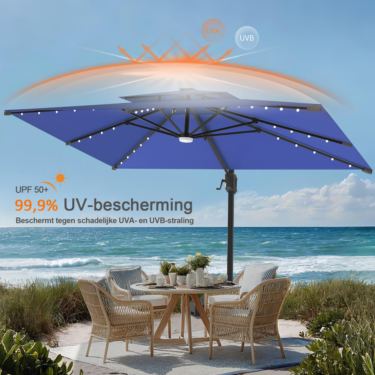 Patioslife Aegis Pro Cantilever Parasol met LED Verlichting, Versterkte Aluminium Ribben en Paal met Poedercoating — Perfect voor Tuin en Patio