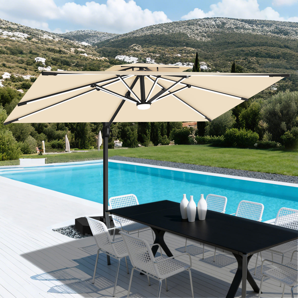 Patioslife Aegis Premium Zweefparasol – 360° Draaibaar met LED-Verlichting – Gepoedercoat Aluminium Frame – Glasvezel Baleinen – Tuin & Terras