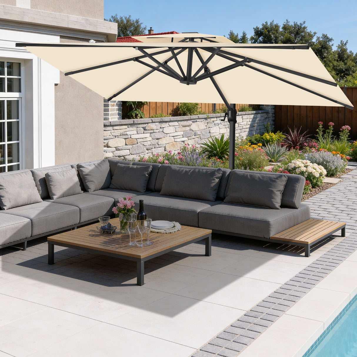 Patioslife Aegis Pro™ Cantilever Parasol met Kruisvoet — Robuust Frame en Poedergecoat Aluminium Paal voor Tuin en Terras
