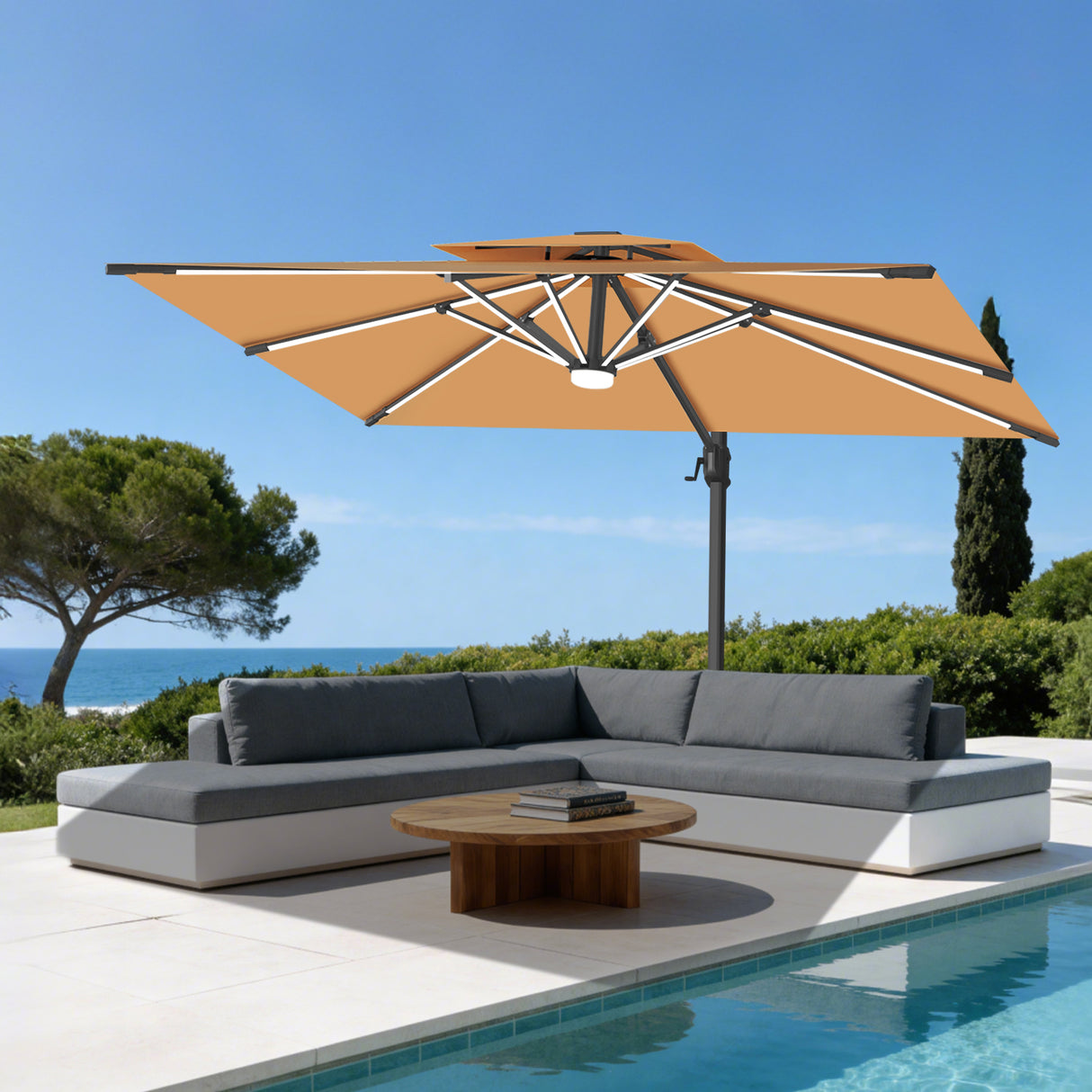 Patioslife Aegis Premium Zweefparasol – 360° Draaibaar met LED-Verlichting – Gepoedercoat Aluminium Frame – Glasvezel Baleinen – Tuin & Terras
