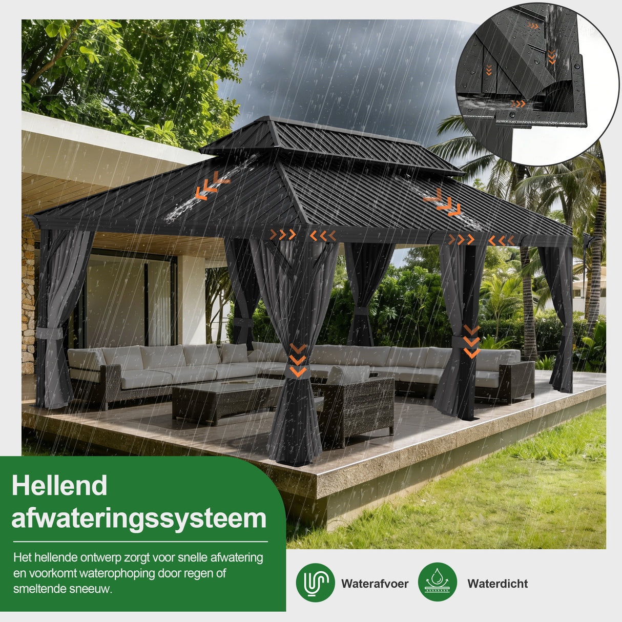 Patioslife Luxury Haven - Hardtop Prieel met Stijlvolle Houtlook - Geïntegreerde Waterafvoer - 5 Jaar Frame Garantie - Weersbestendig