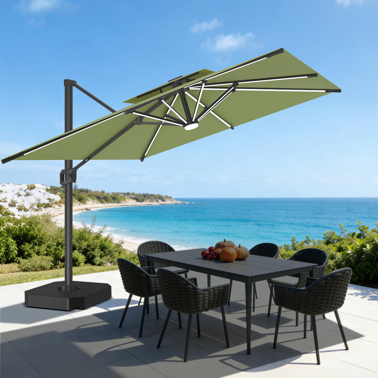Patioslife Aegis Premium Zweefparasol – 360° Draaibaar met LED-Verlichting – Gepoedercoat Aluminium Frame – Glasvezel Baleinen – Tuin & Terras