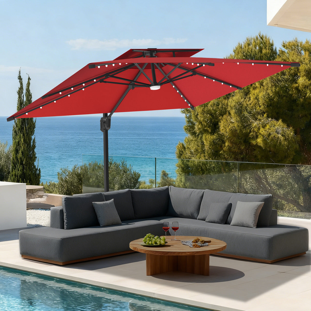 Patioslife Aegis Pro Cantilever Parasol met LED Verlichting, Versterkte Aluminium Ribben en Paal met Poedercoating — Perfect voor Tuin en Patio