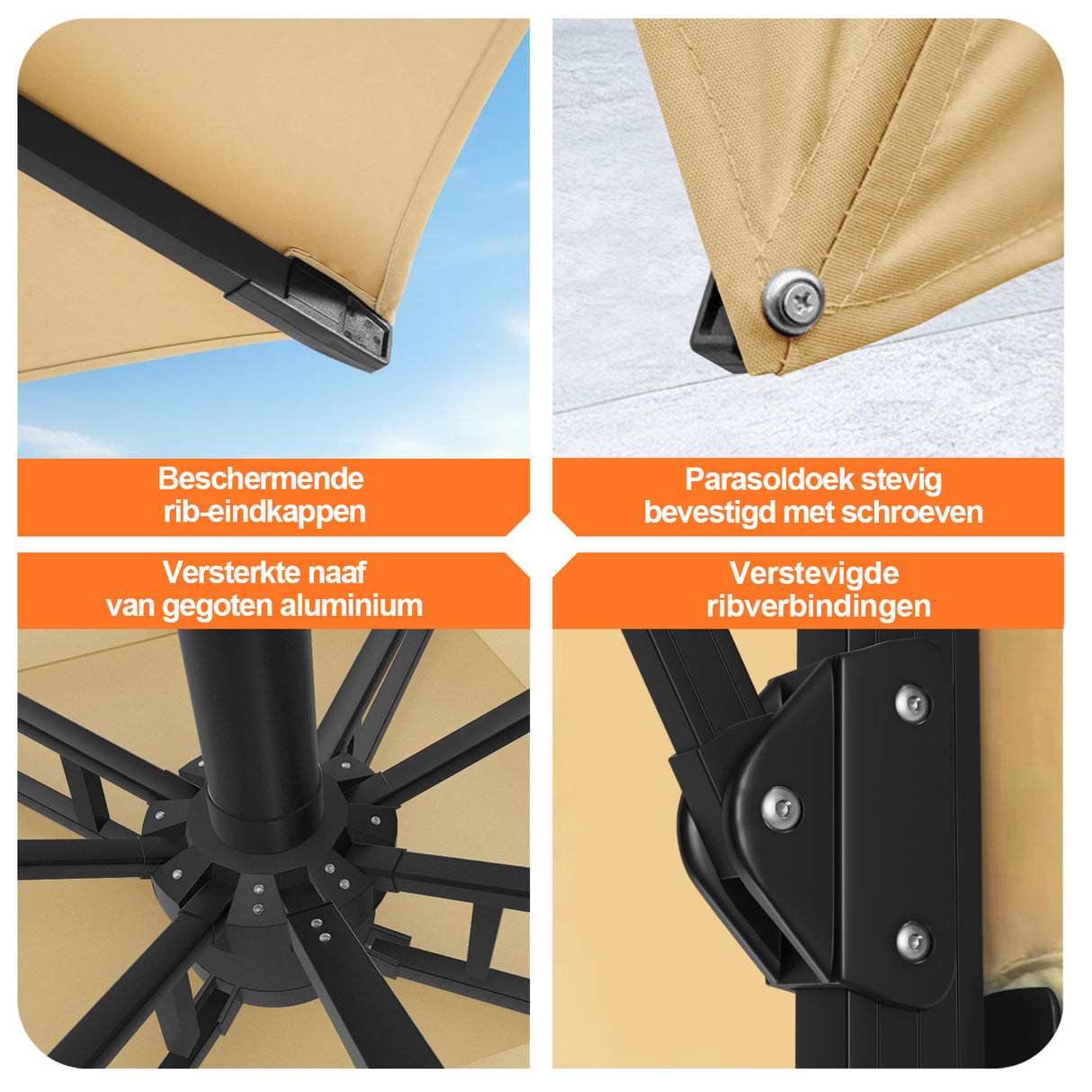 Patioslife Aegis Premium Zweefparasol – 360° Draaibaar met LED-Verlichting – Gepoedercoat Aluminium Frame – Glasvezel Baleinen – Tuin & Terras