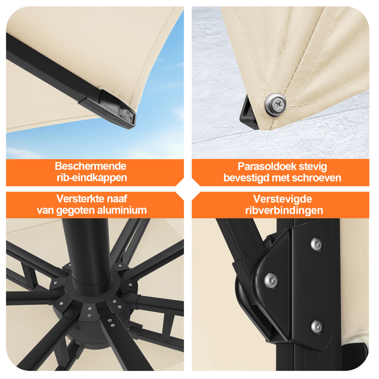 Patioslife Aegis Premium Zweefparasol – 360° Draaibaar met LED-Verlichting – Gepoedercoat Aluminium Frame – Glasvezel Baleinen – Tuin & Terras