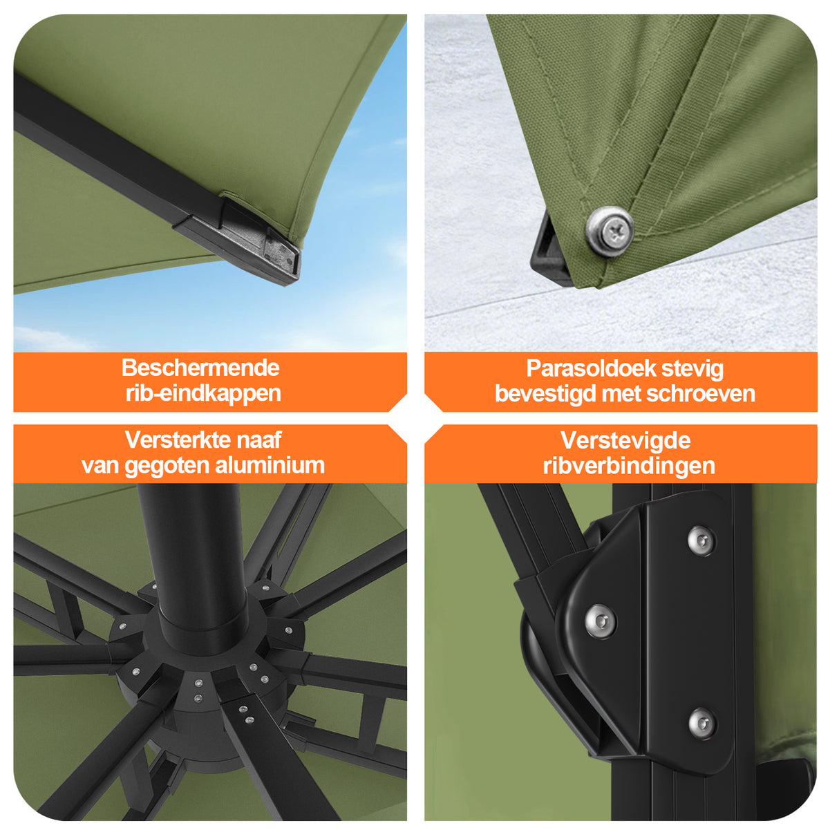 Patioslife Aegis Premium Zweefparasol – 360° Draaibaar met LED-Verlichting – Gepoedercoat Aluminium Frame – Glasvezel Baleinen – Tuin & Terras