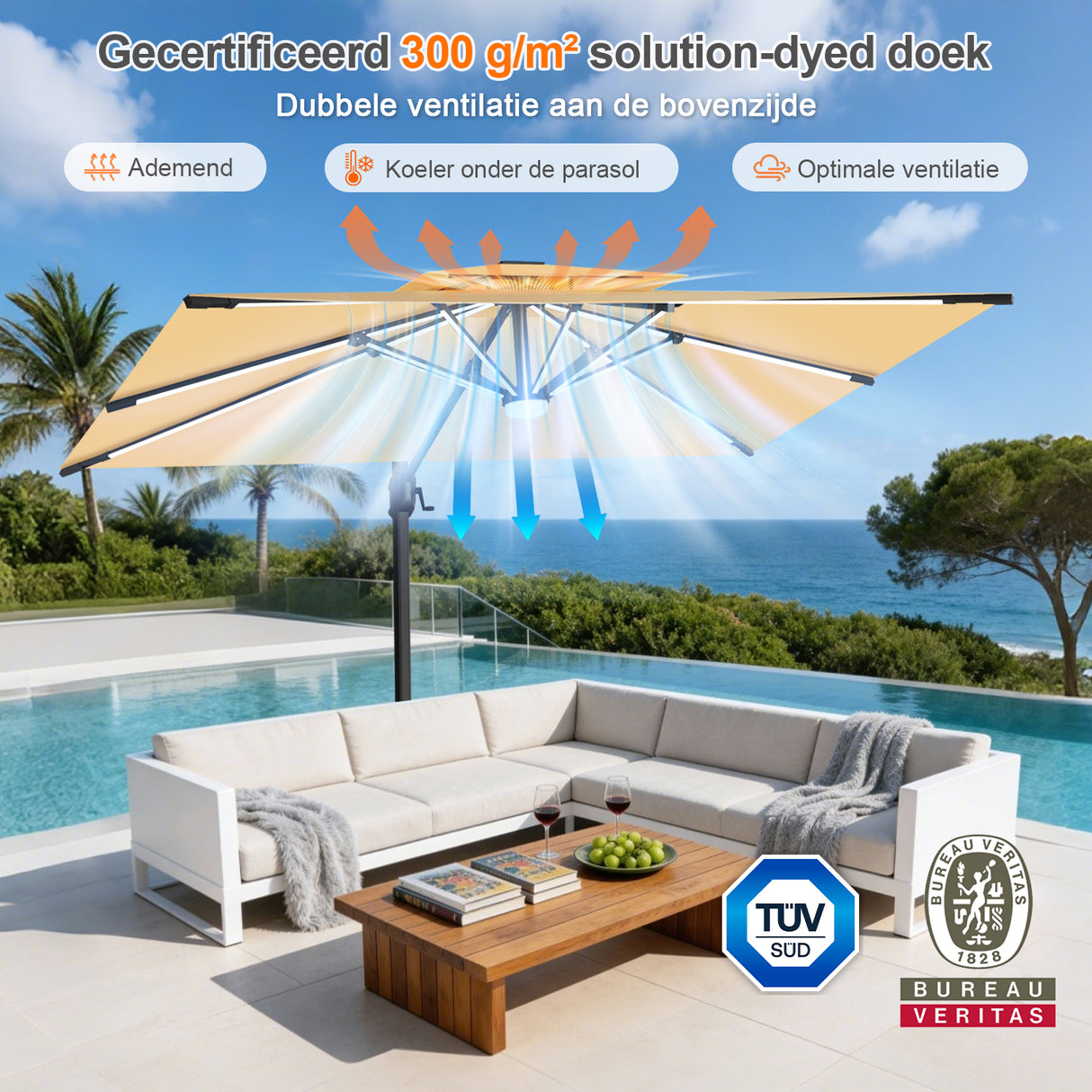 Patioslife Aegis Premium Zweefparasol – 360° Draaibaar met LED-Verlichting – Gepoedercoat Aluminium Frame – Glasvezel Baleinen – Tuin & Terras
