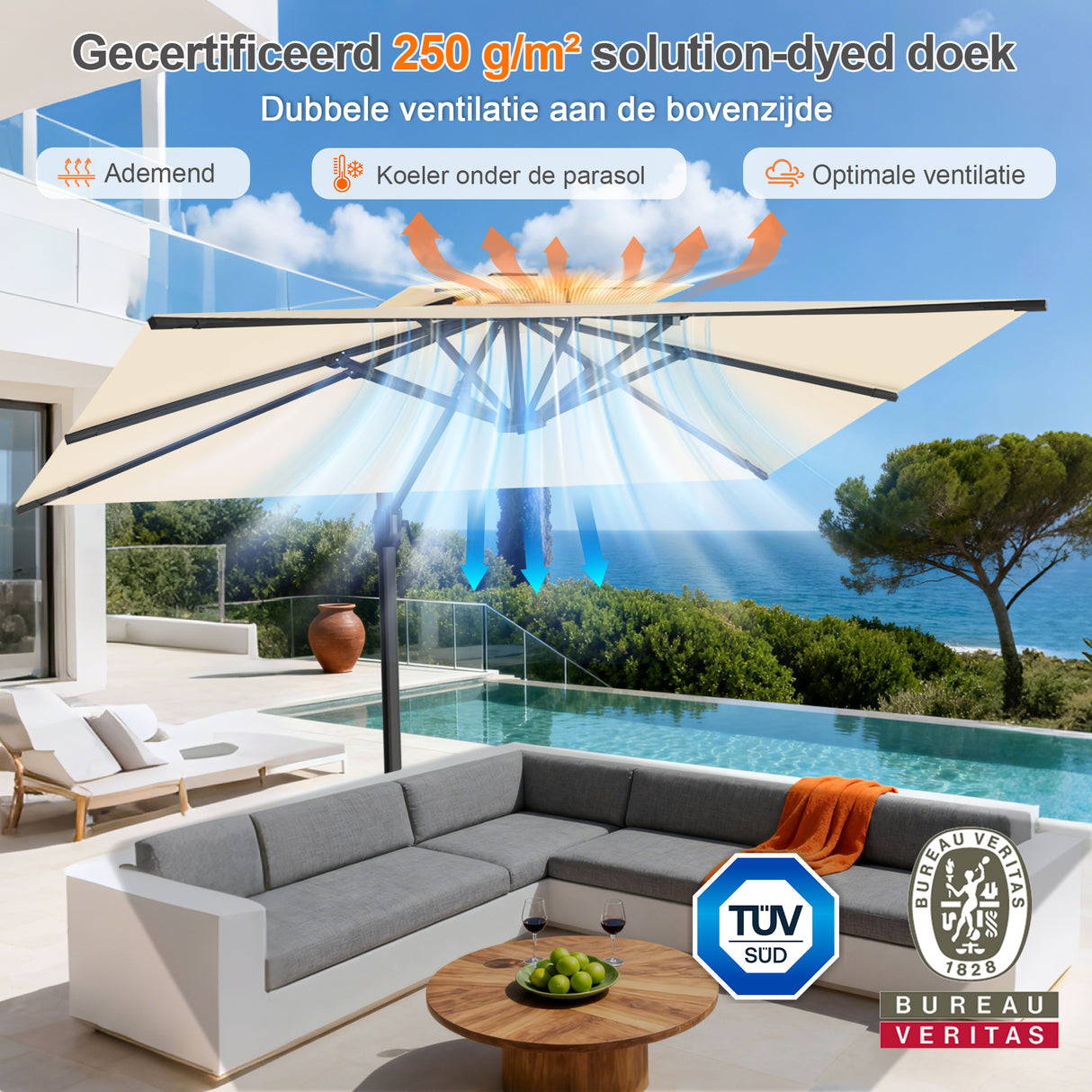 Patioslife Aegis Pro™ Cantilever Parasol met Kruisvoet — Robuust Frame en Poedergecoat Aluminium Paal voor Tuin en Terras