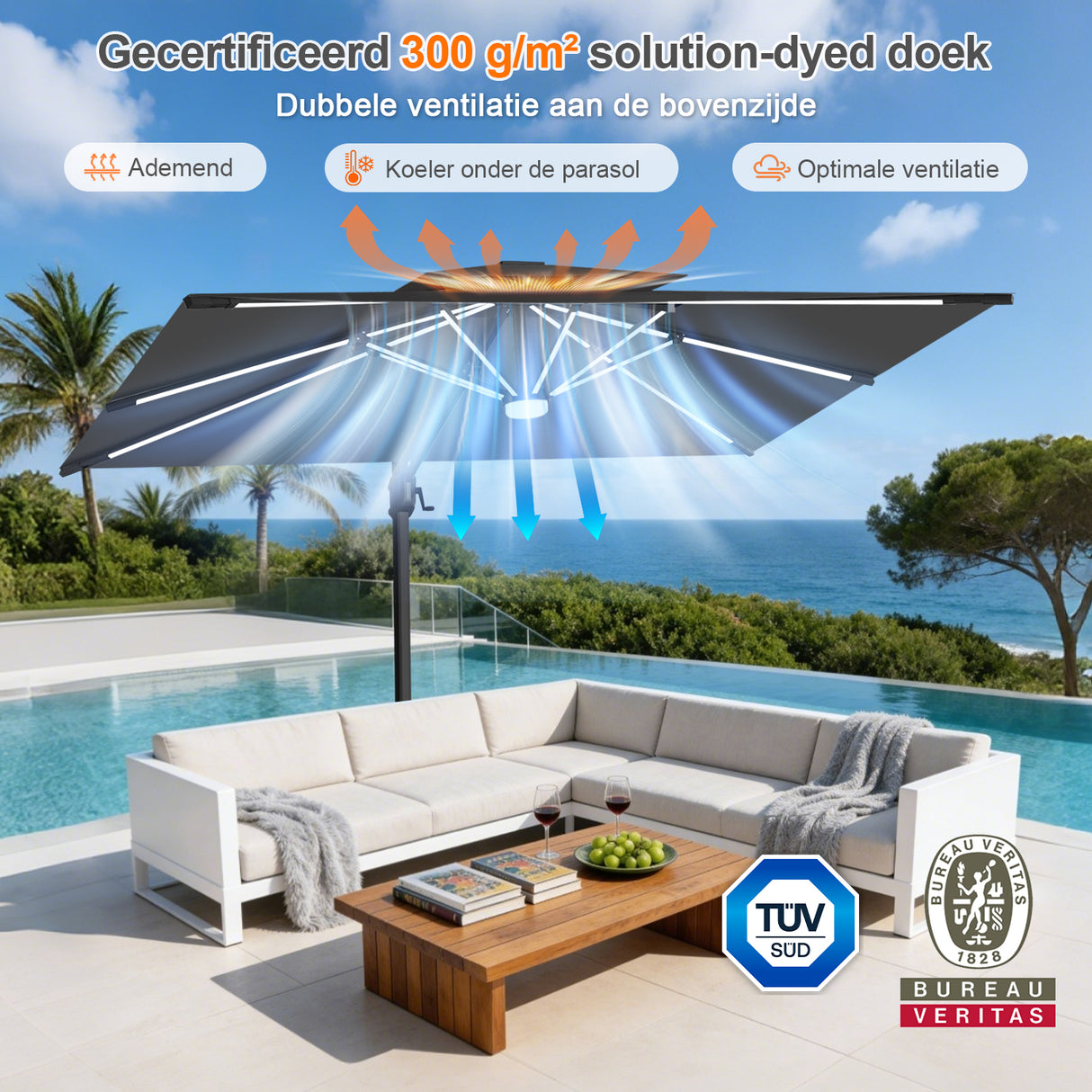 Patioslife Aegis Premium Zweefparasol – 360° Draaibaar met LED-Verlichting – Gepoedercoat Aluminium Frame – Glasvezel Baleinen – Tuin & Terras