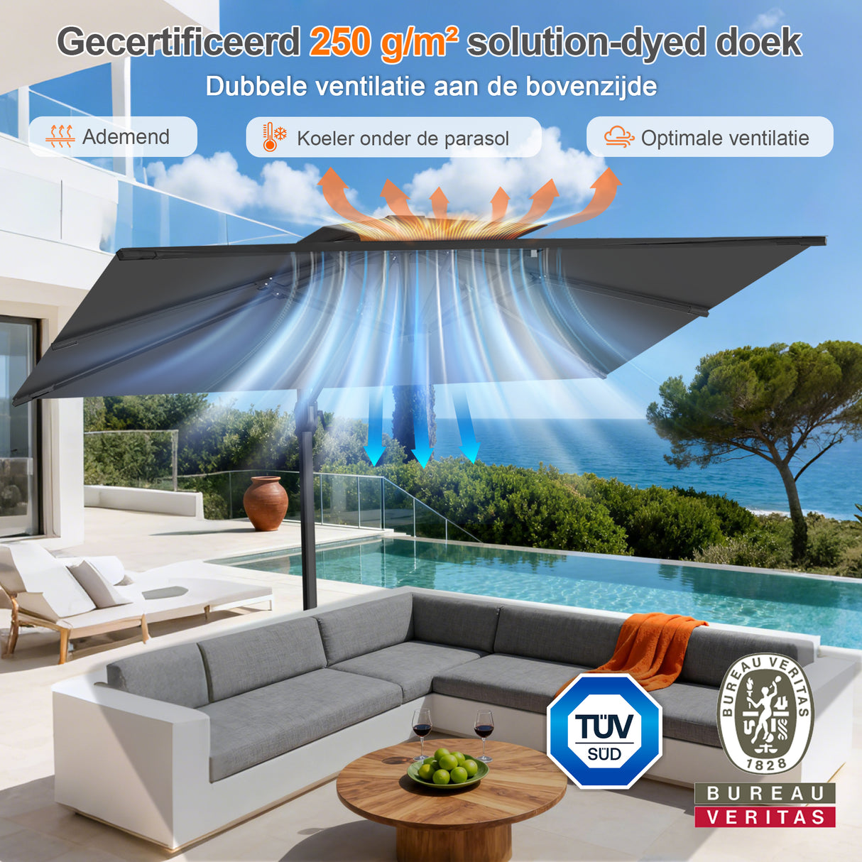 Patioslife Aegis Pro™ Cantilever Parasol met Kruisvoet — Robuust Frame en Poedergecoat Aluminium Paal voor Tuin en Terras