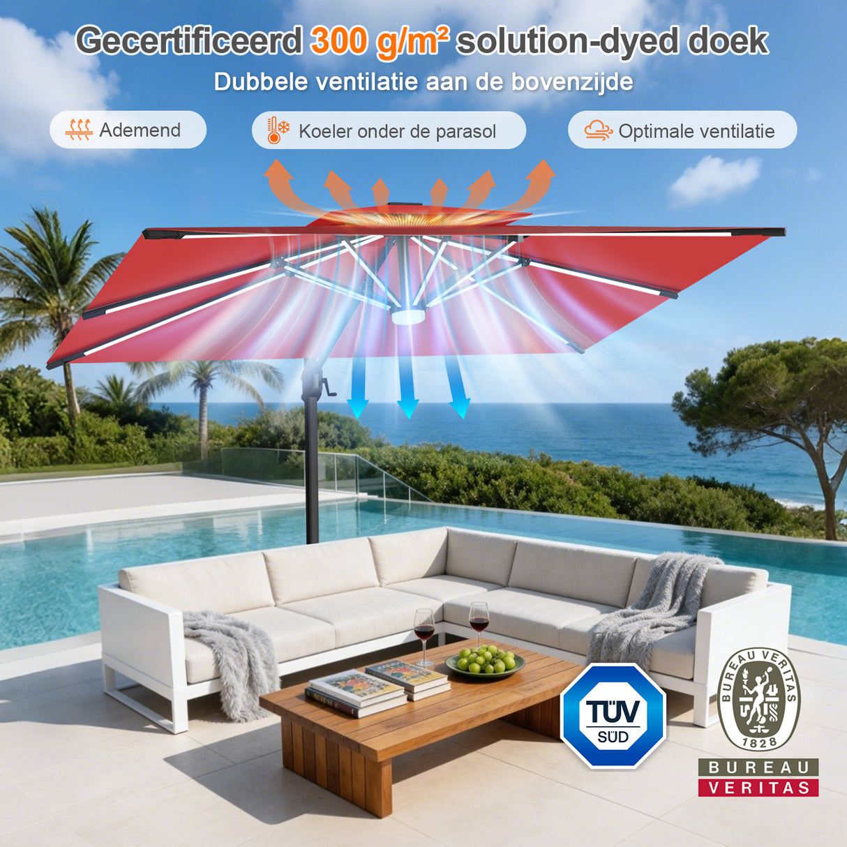 Patioslife Aegis Premium Zweefparasol – 360° Draaibaar met LED-Verlichting – Gepoedercoat Aluminium Frame – Glasvezel Baleinen – Tuin & Terras