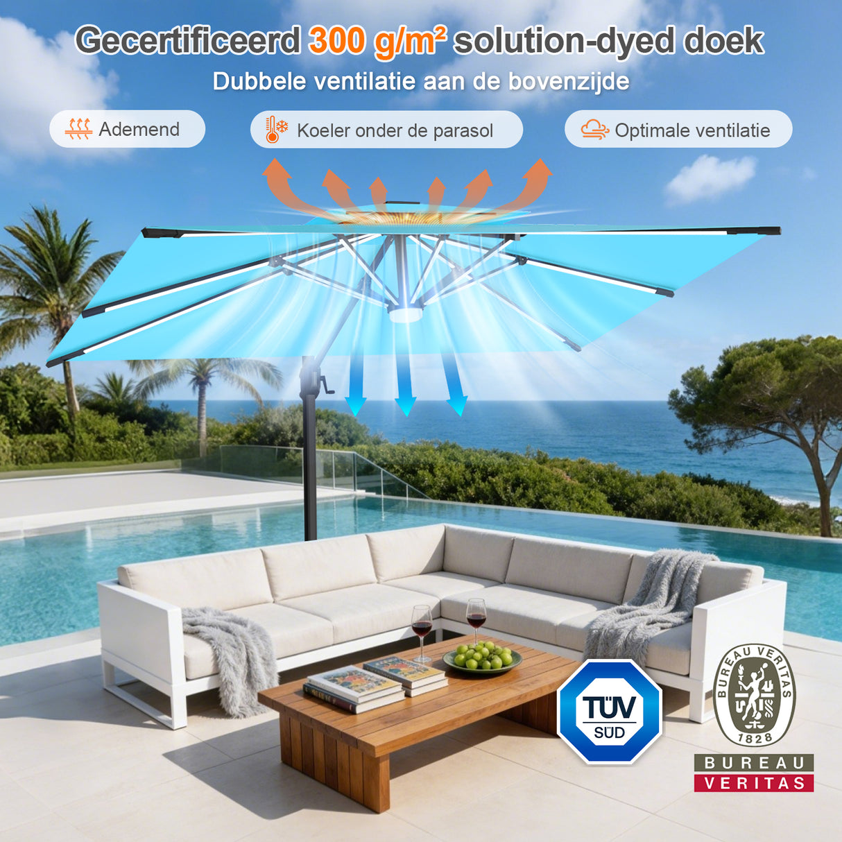 Patioslife Aegis Premium Zweefparasol – 360° Draaibaar met LED-Verlichting – Gepoedercoat Aluminium Frame – Glasvezel Baleinen – Tuin & Terras